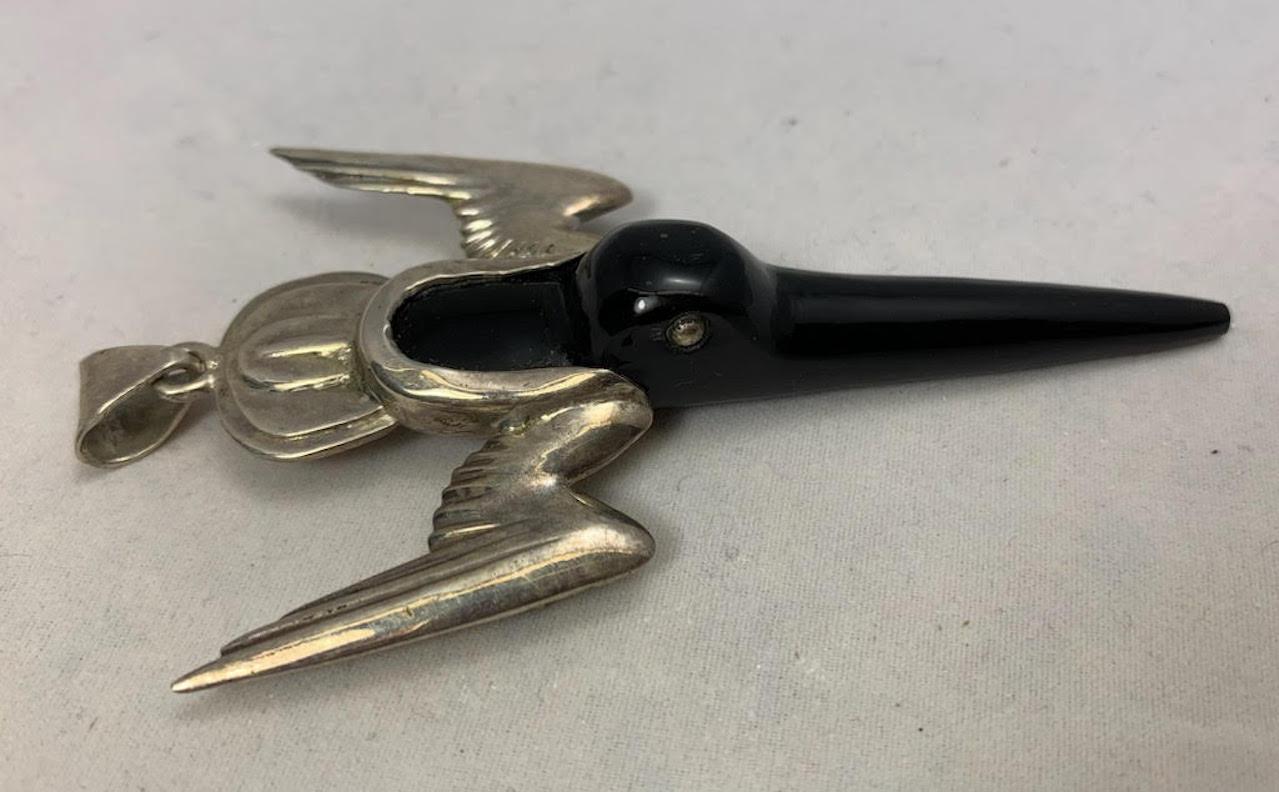 Ciondolo colibrì messicano in argento 925 e ossidiana in vendita 2