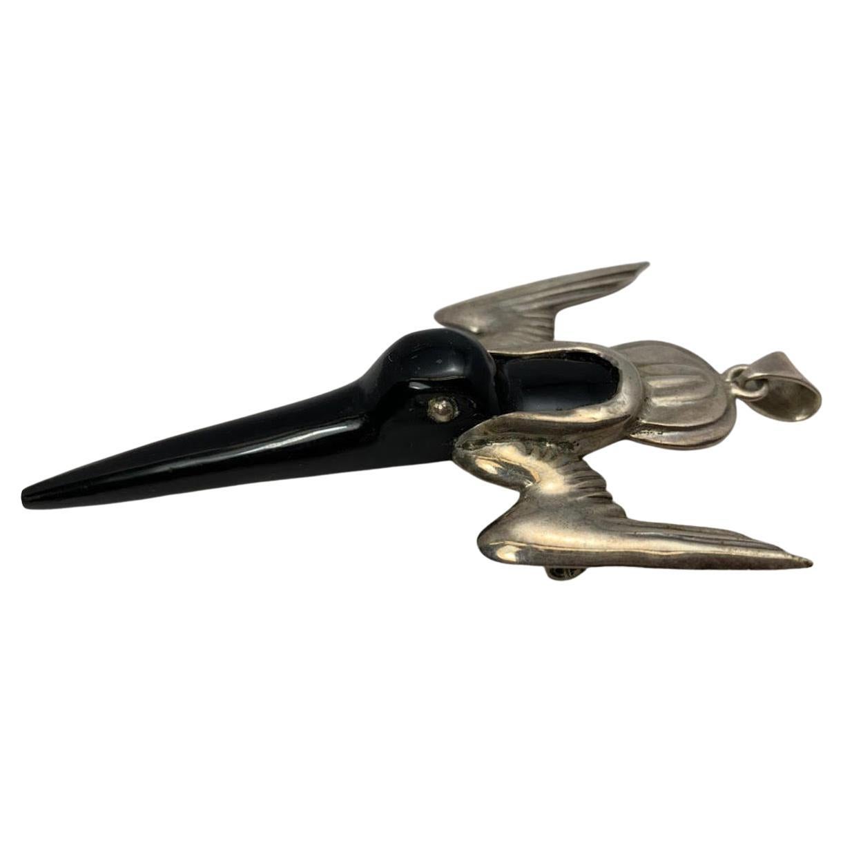 Ciondolo colibrì messicano in argento 925 e ossidiana in vendita