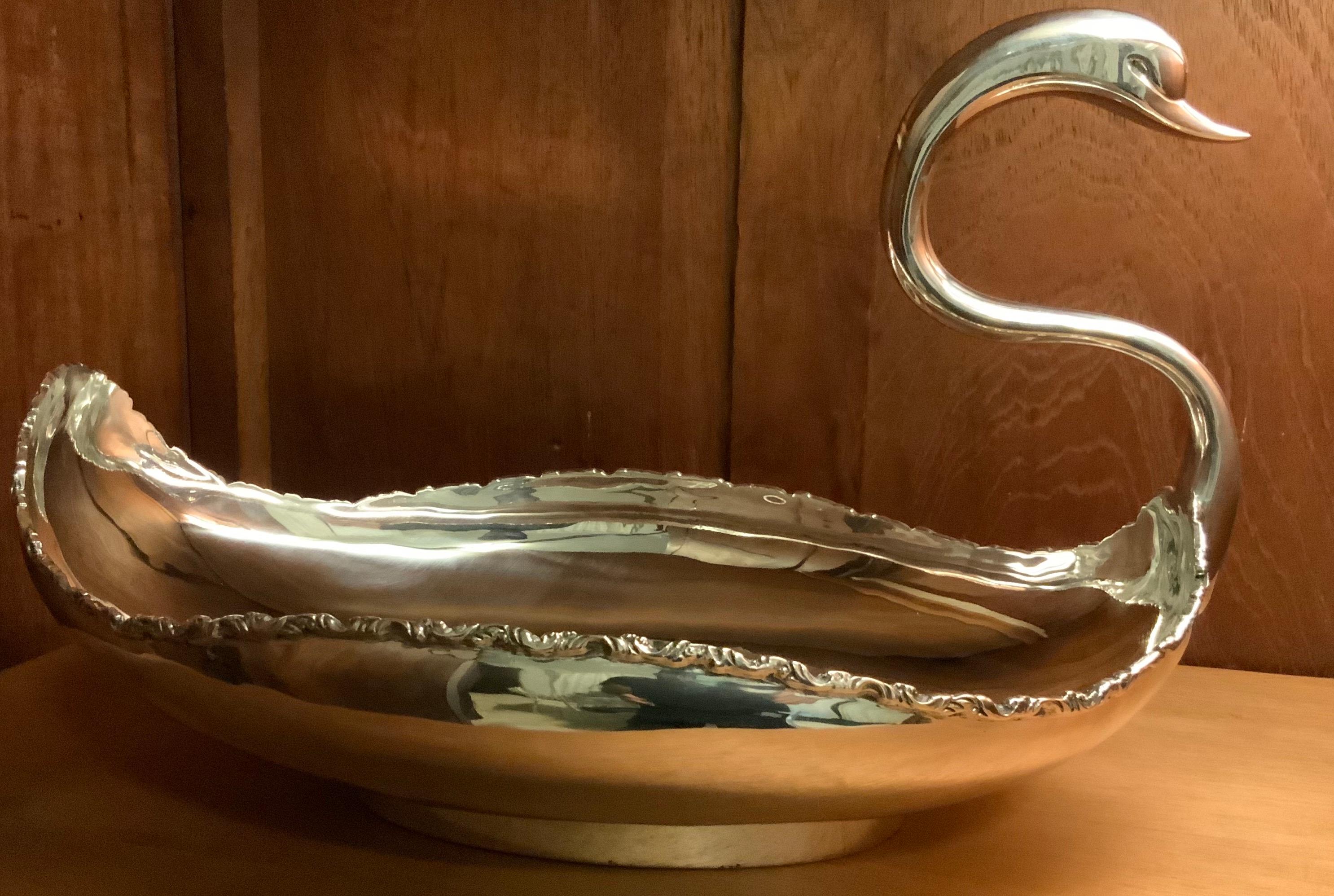 Modern Mexican 925 Sterling Large Swan Bowl Centerpiece For Sale