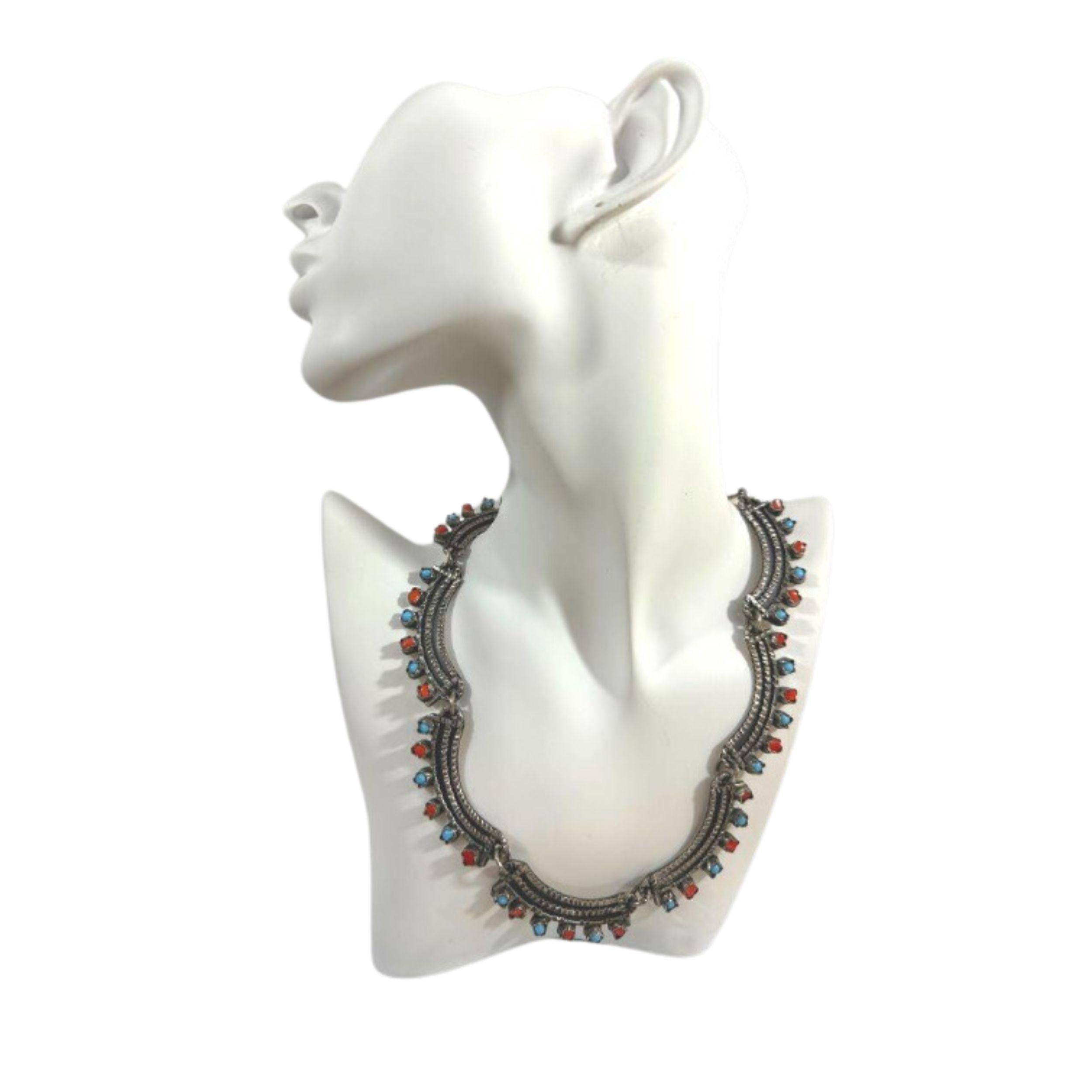 Mexican 925 Vintage Sterling Silver Turquoise Necklace For Sale 1