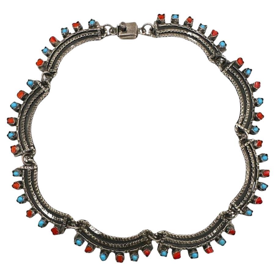 Mexican 925 Vintage Sterling Silver Turquoise Necklace  For Sale
