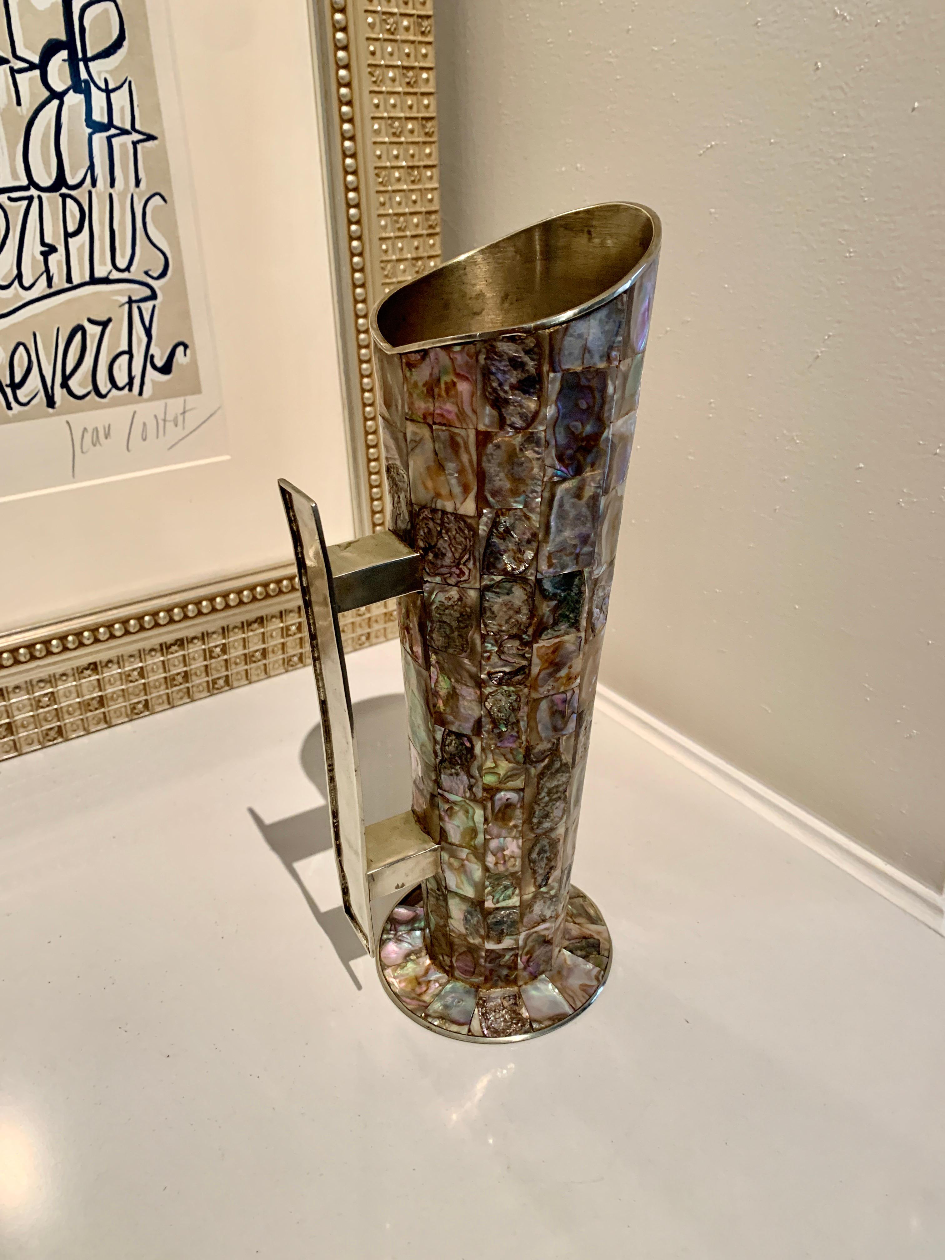 20th Century Mexican Abalone and Brass Cocktail Pitcher in the Style of Los Castillo For Sale