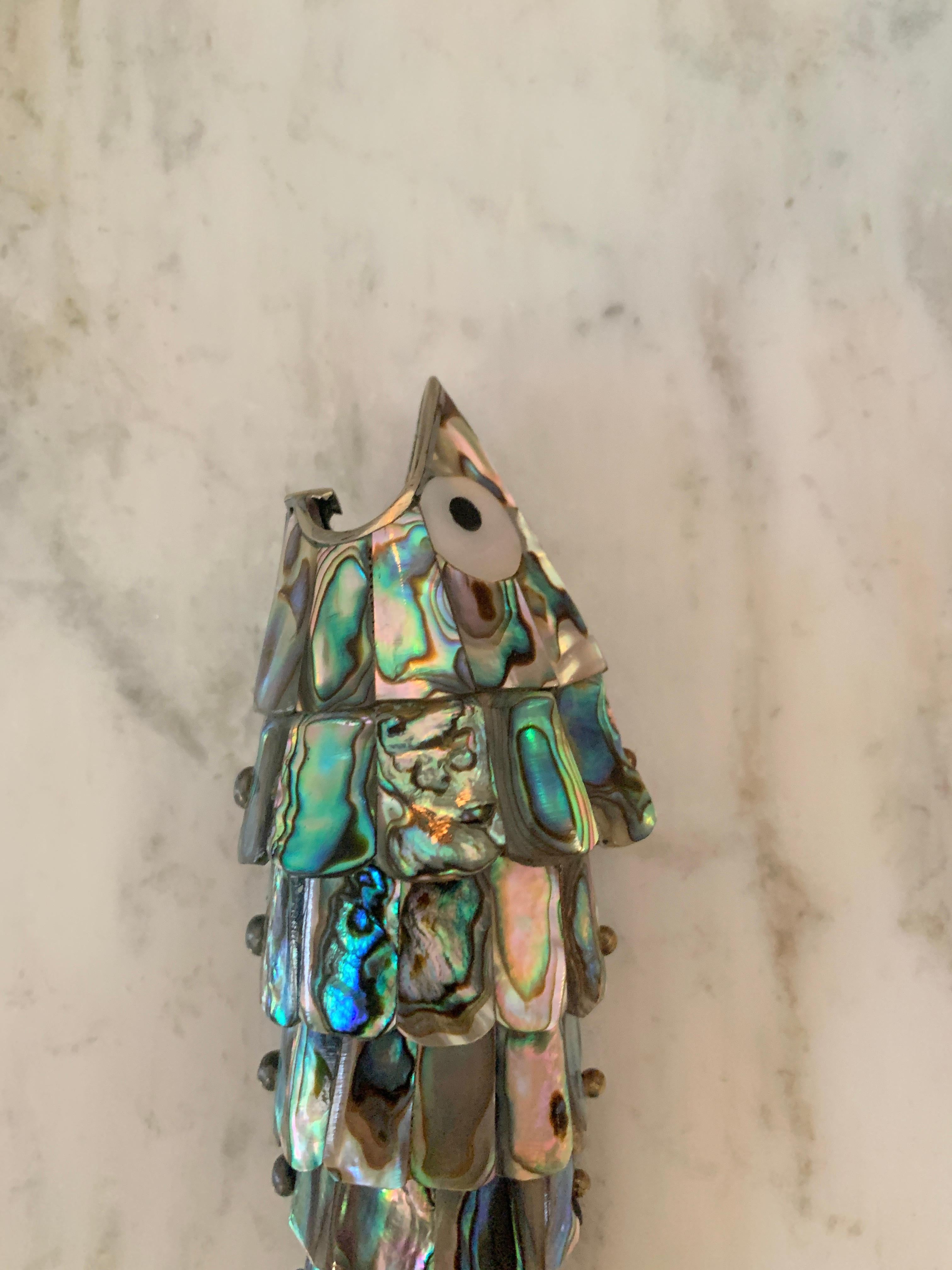 Mid-Century Modern Mexican Abalone and Silver Fish Bottle Opener in the Style of Los Castillo