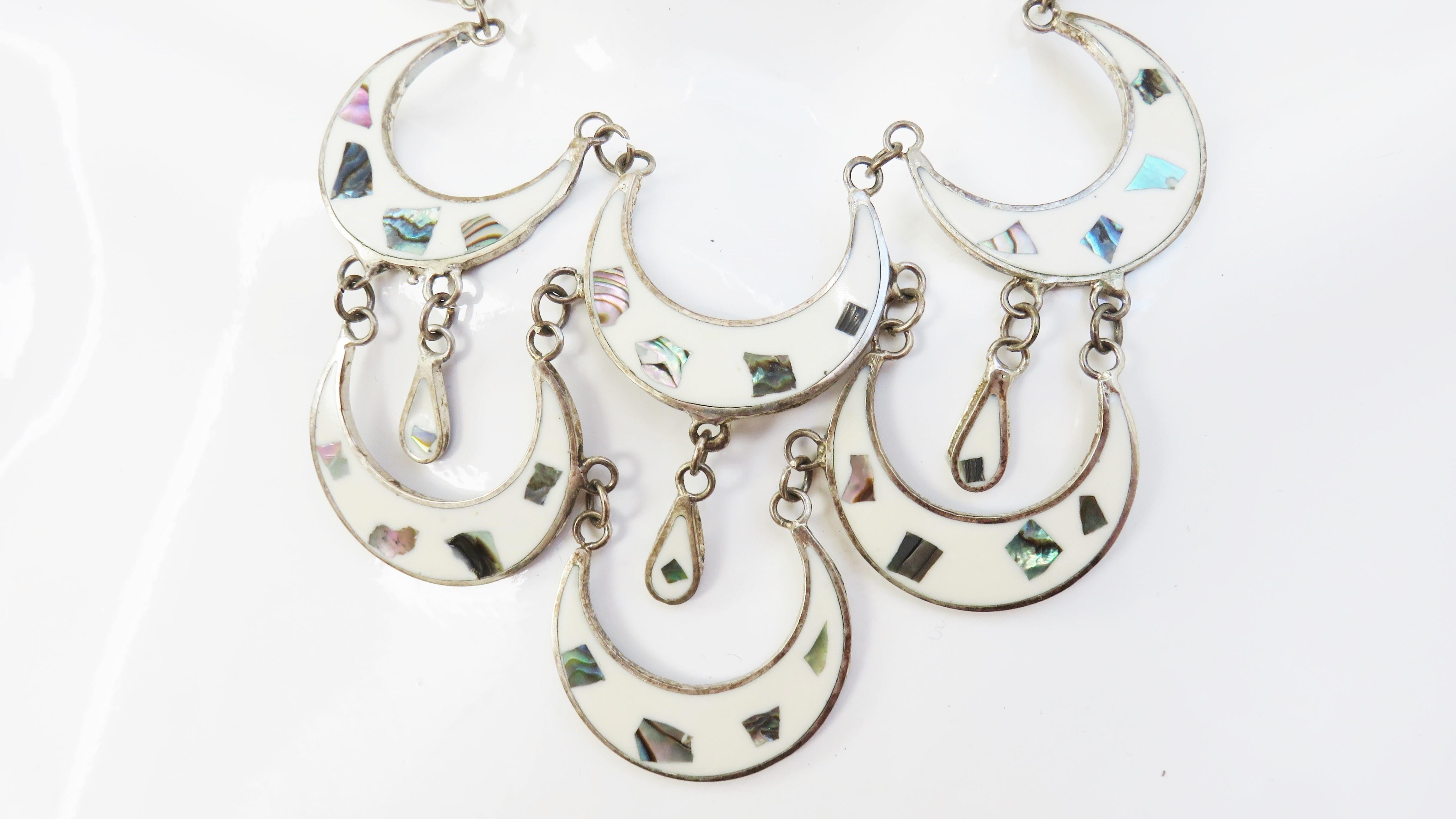 Modernist Mexican Abalone Inlaid Silver Necklace and Pierced Earrings Set For Sale