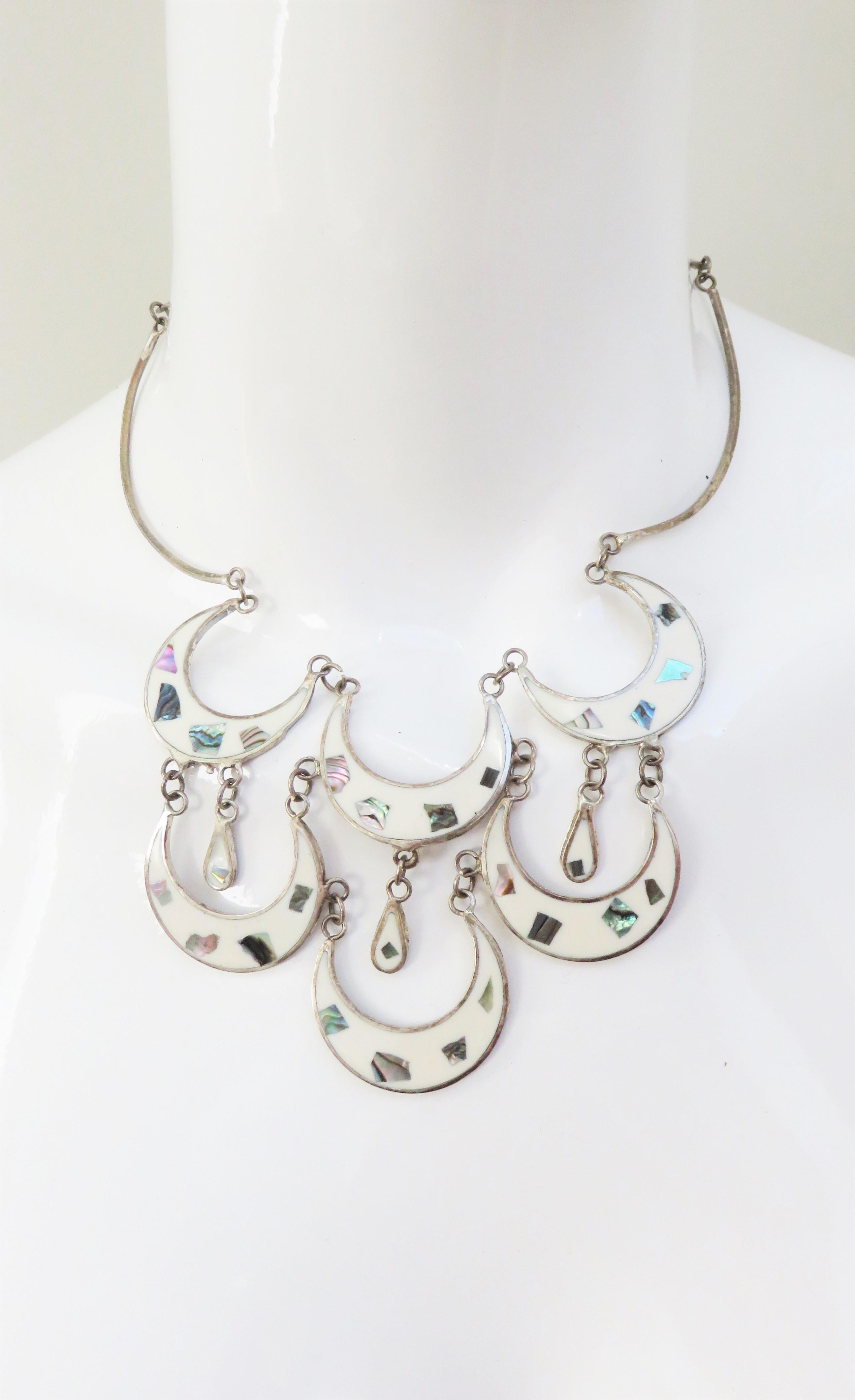 Mexican Abalone Inlaid Silver Necklace and Pierced Earrings Set In Good Condition For Sale In Water Mill, NY