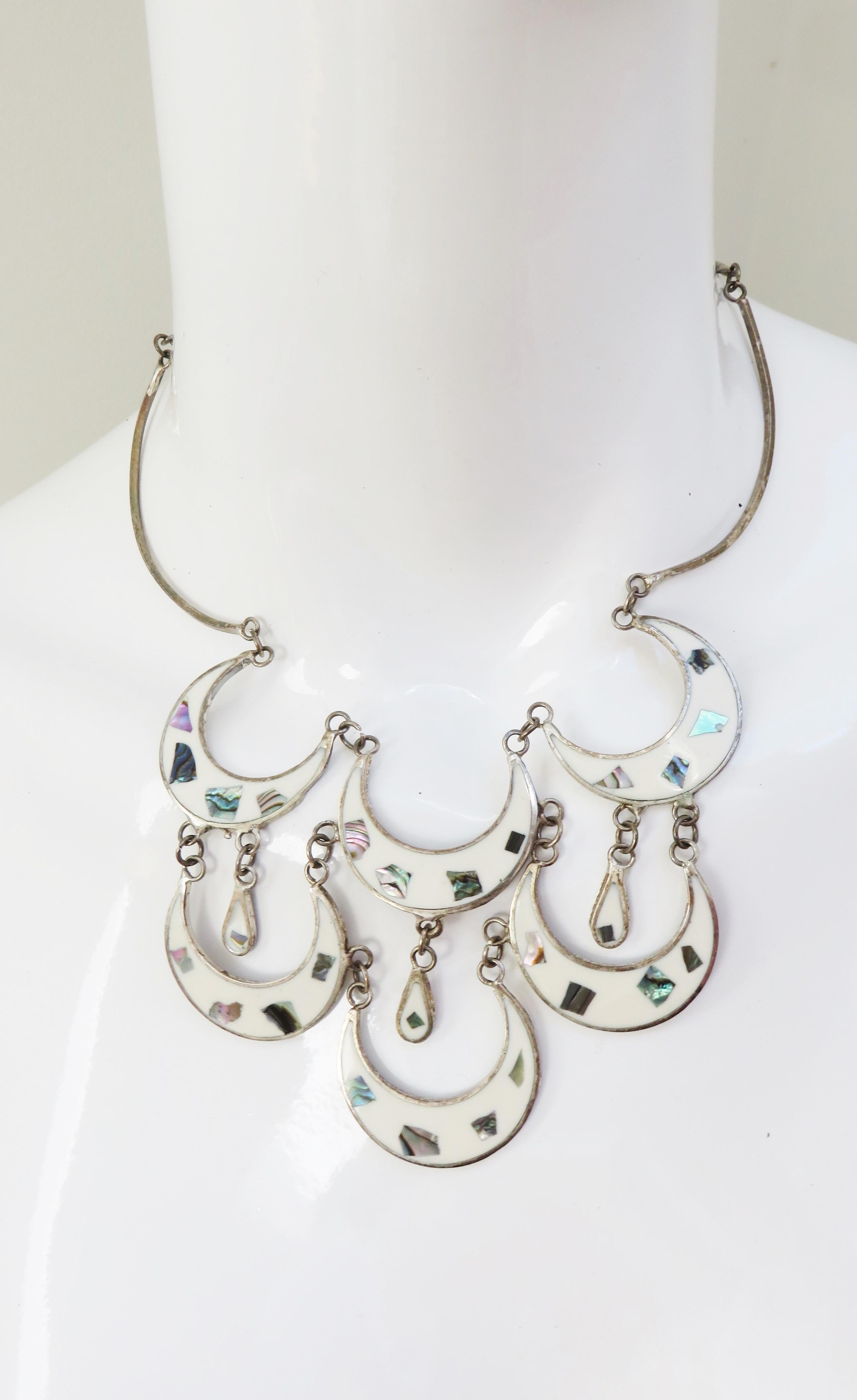 Women's Mexican Abalone Inlaid Silver Necklace and Pierced Earrings Set For Sale