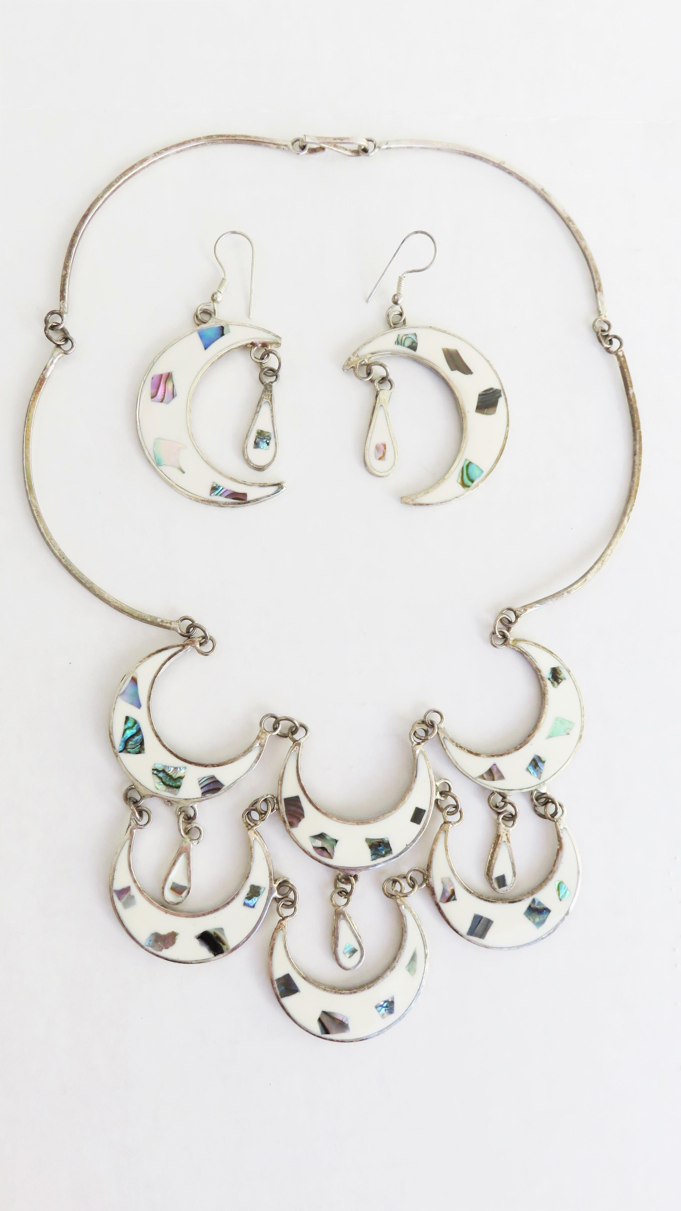 Mexican Abalone Inlaid Silver Necklace and Pierced Earrings Set For Sale 3