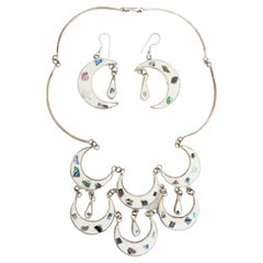 Mexican Abalone Inlaid Silver Necklace and Pierced Earrings Set