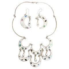 Mexican Abalone Inlaid Silver Necklace and Pierced Earrings Set