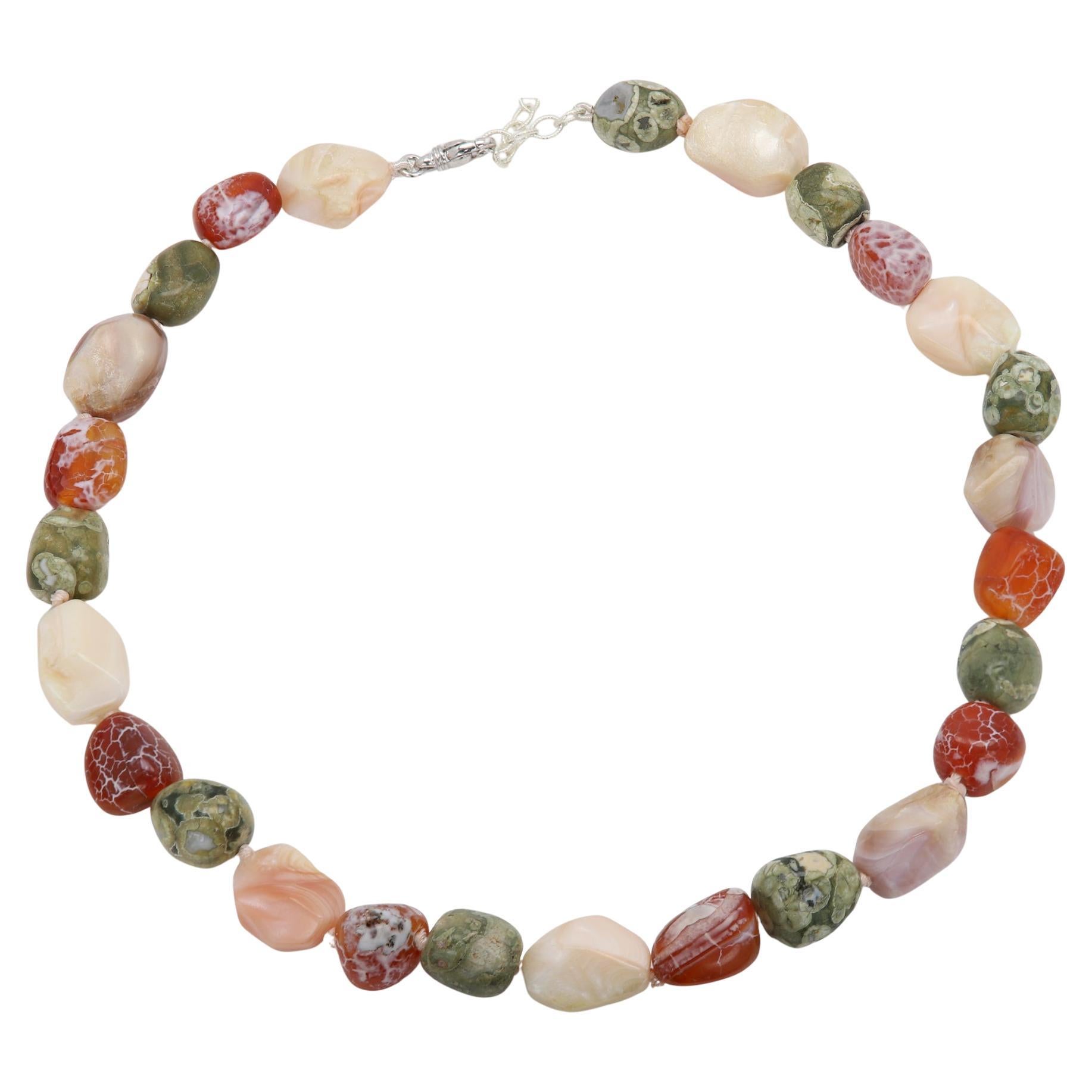 Collana di agata messicana, opale rosa e riolite con perline, regolabile da 18 a 20 anni in vendita
