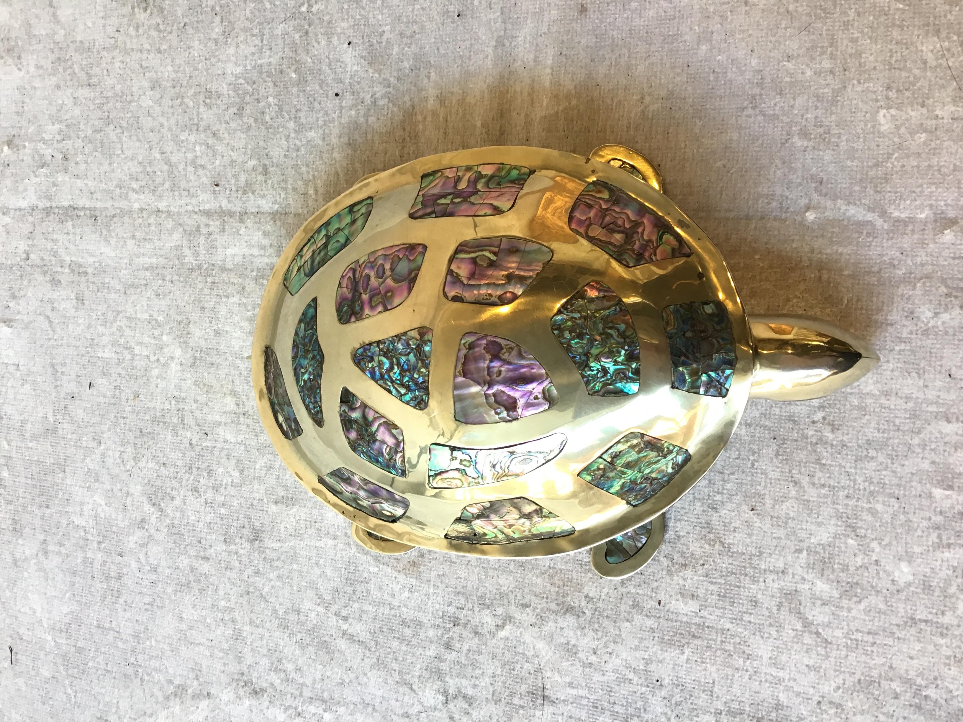 Late 20th Century Mexican Alpaca Silver Plate Turtle Box with Mother of Pearl