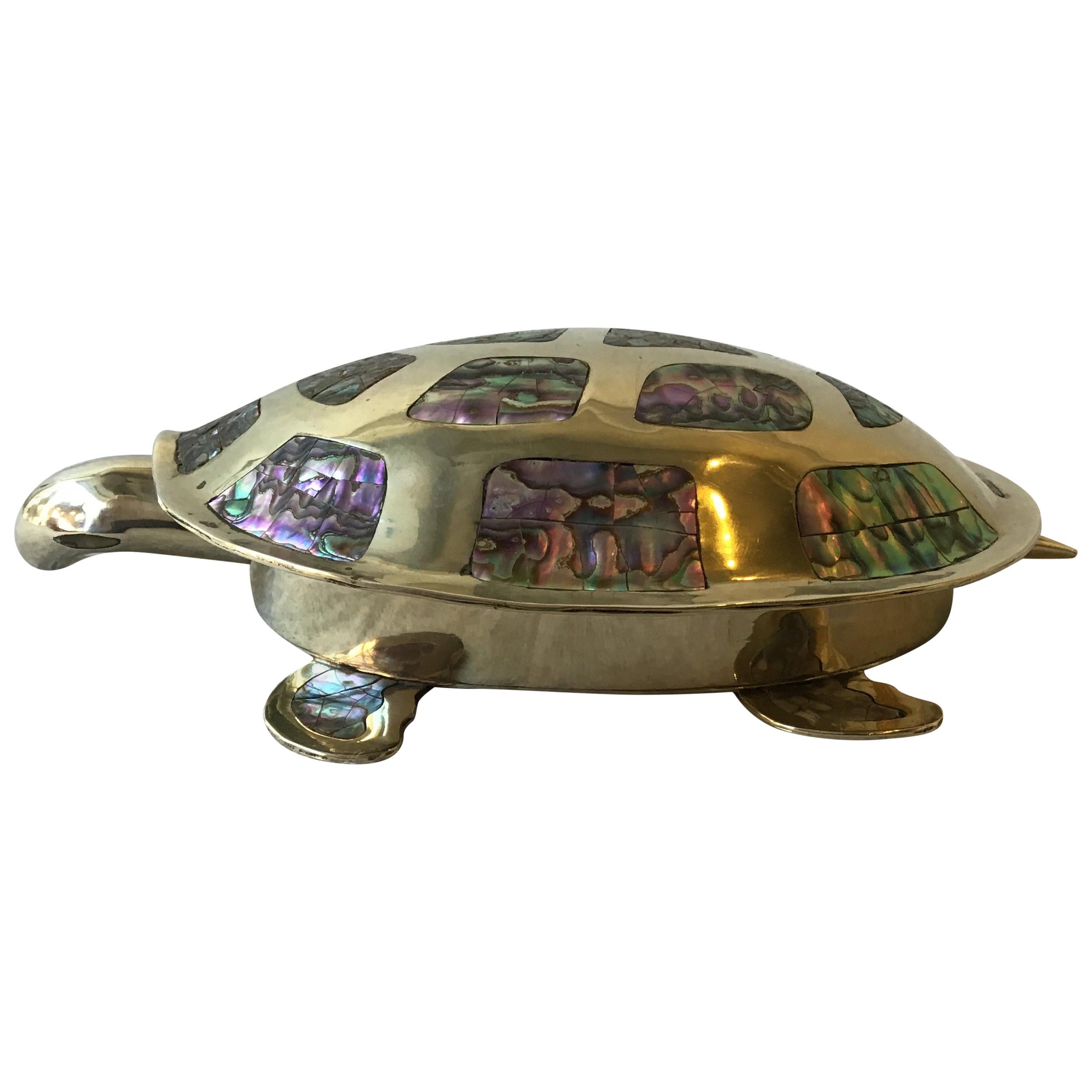 Mexican Alpaca Silver Plate Turtle Box with Mother of Pearl
