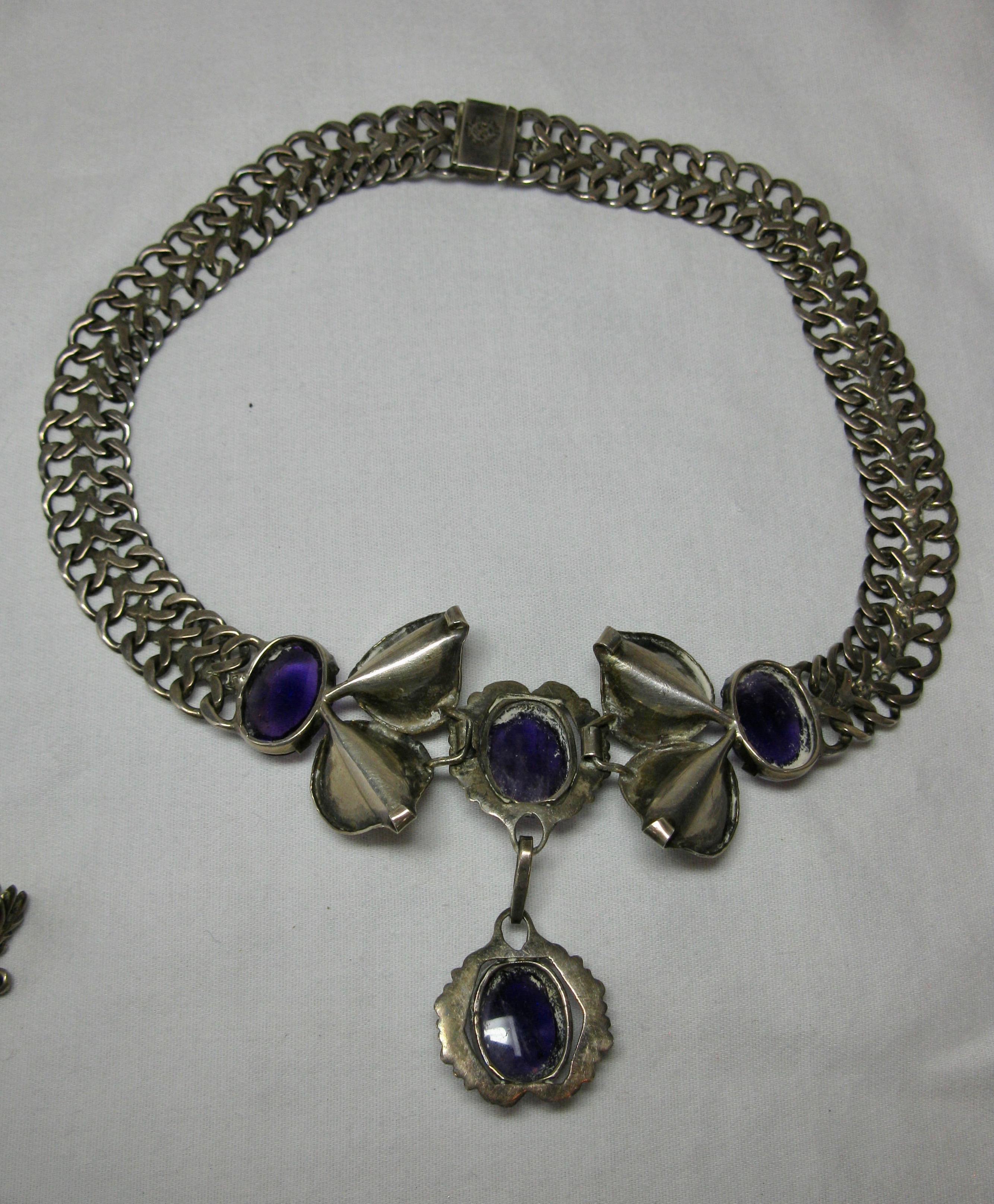 Mexican Amethyst Necklace Earrings Suite Sterling Silver Mid-Century Modern 6