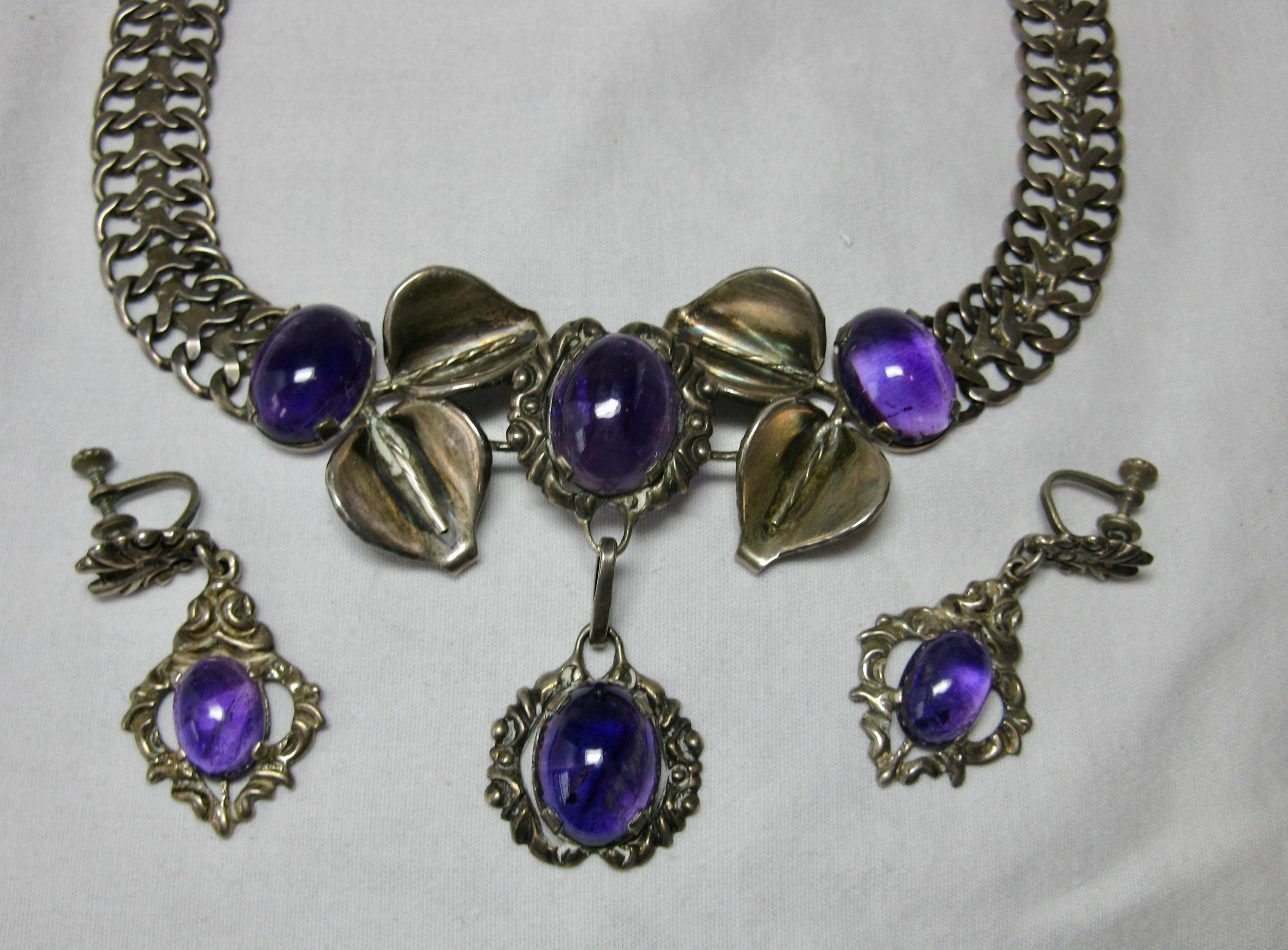 Oval Cut Mexican Amethyst Necklace Earrings Suite Sterling Silver Mid-Century Modern