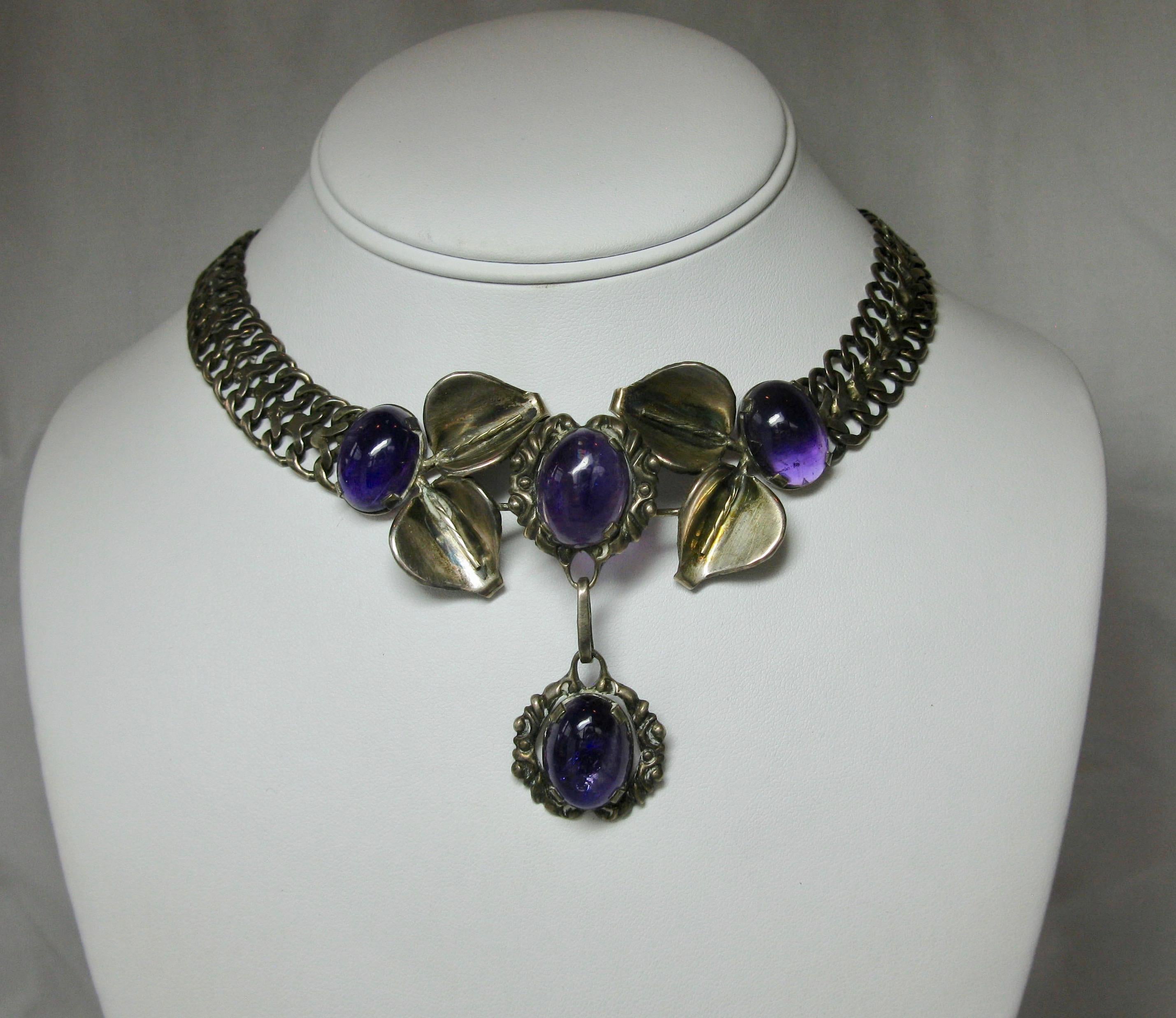 Mexican Amethyst Necklace Earrings Suite Sterling Silver Mid-Century Modern In Good Condition In New York, NY