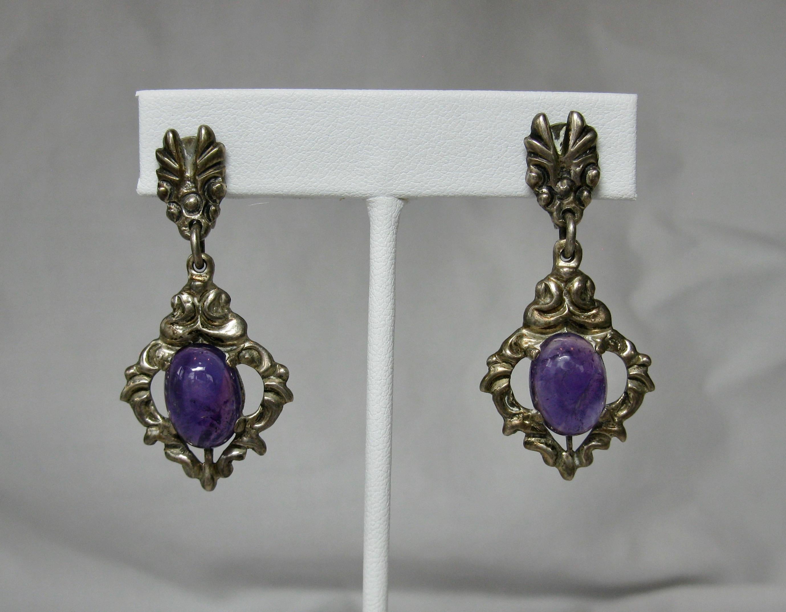 Women's Mexican Amethyst Necklace Earrings Suite Sterling Silver Mid-Century Modern