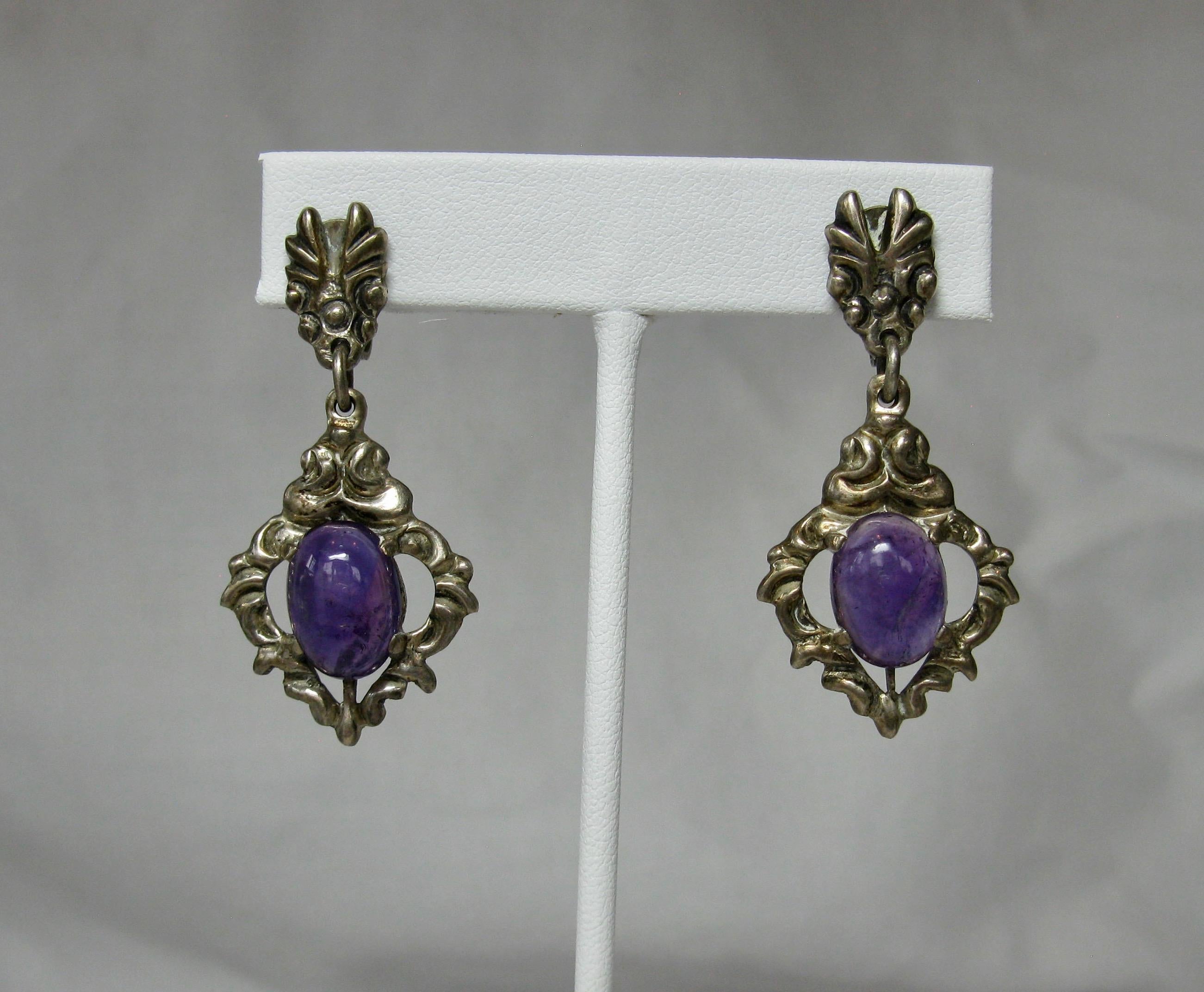 Mexican Amethyst Necklace Earrings Suite Sterling Silver Mid-Century Modern 1
