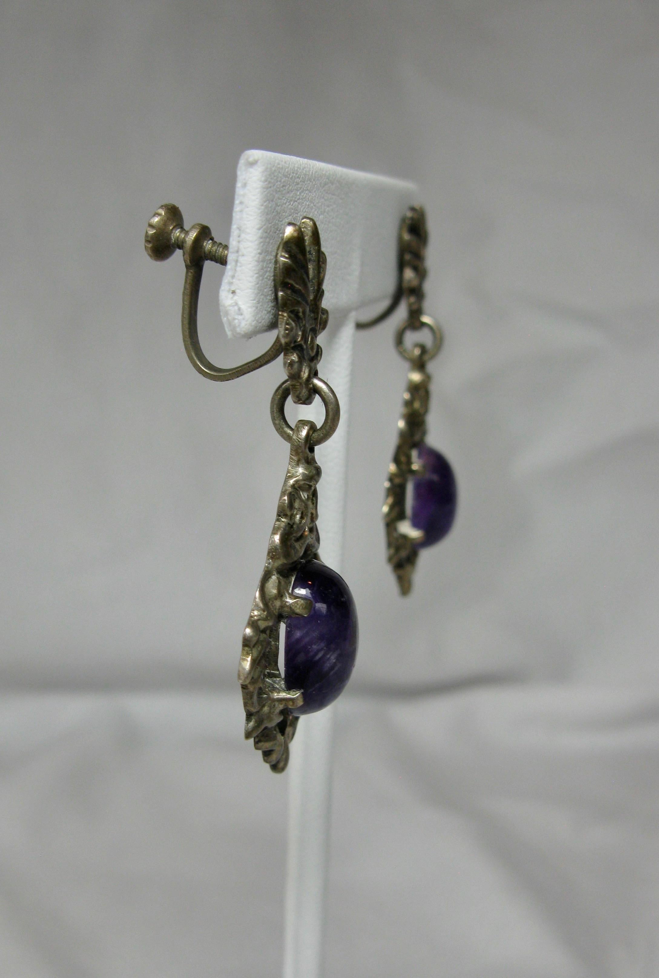 Mexican Amethyst Necklace Earrings Suite Sterling Silver Mid-Century Modern 2