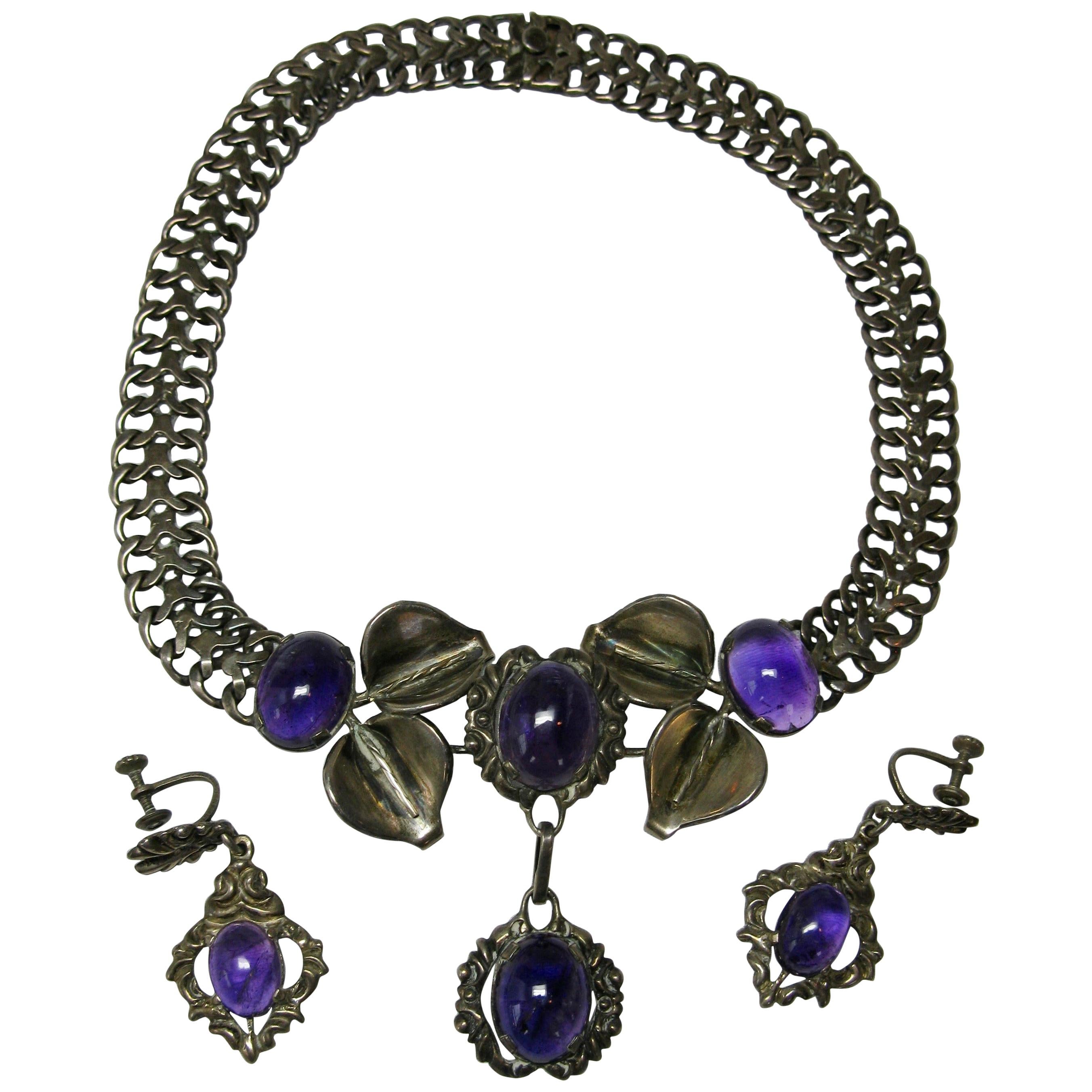 Mexican Amethyst Necklace Earrings Suite Sterling Silver Mid-Century Modern