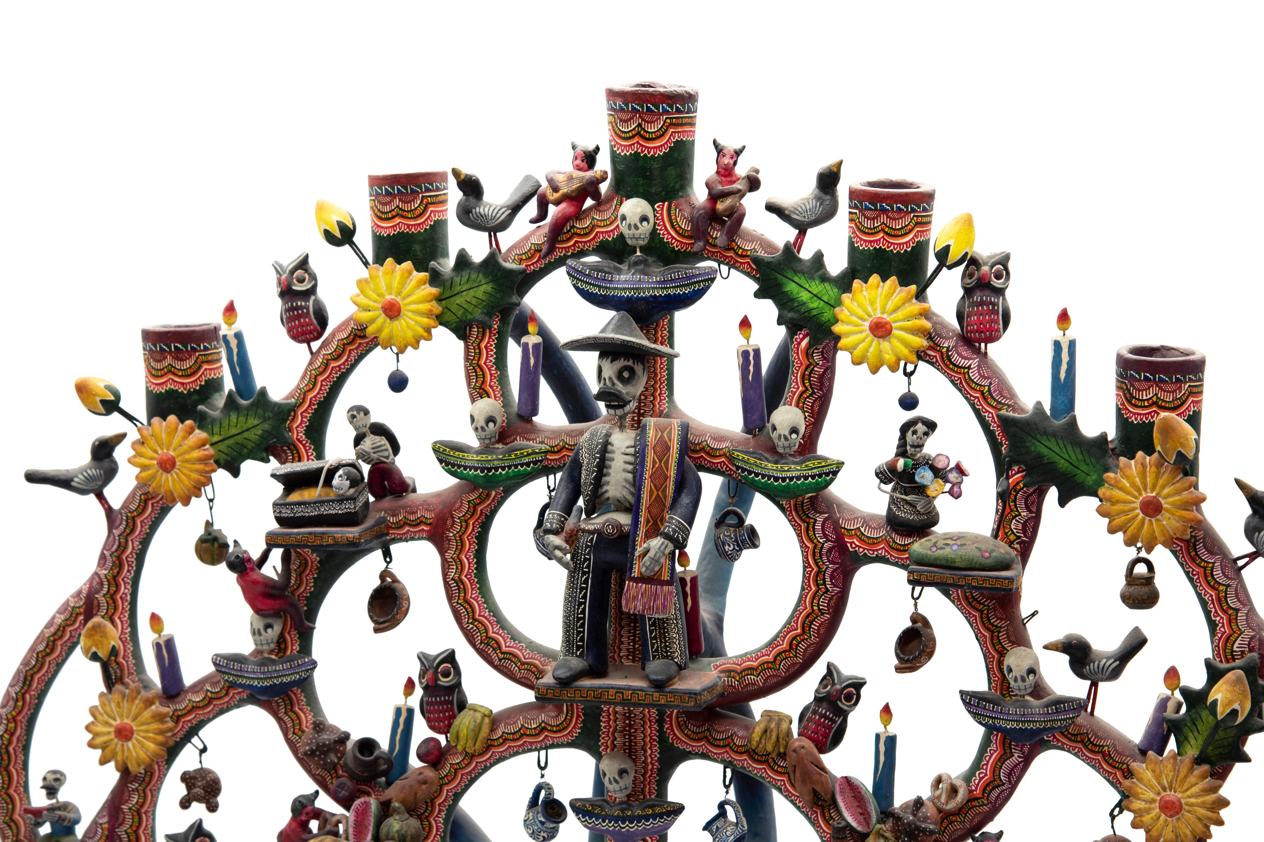 Hand-Painted Mexican Antique Arbol de la Vida Folk Art Candelabra Ceramic Day of the Dead  For Sale