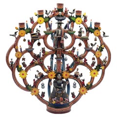 Antico Arbol de la Vida messicano, candelabro di arte popolare in ceramica del giorno dei morti