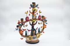 Mexican Antique Style Arbol de la Vida Colorful Folk Art Candelabra Ceramic Clay