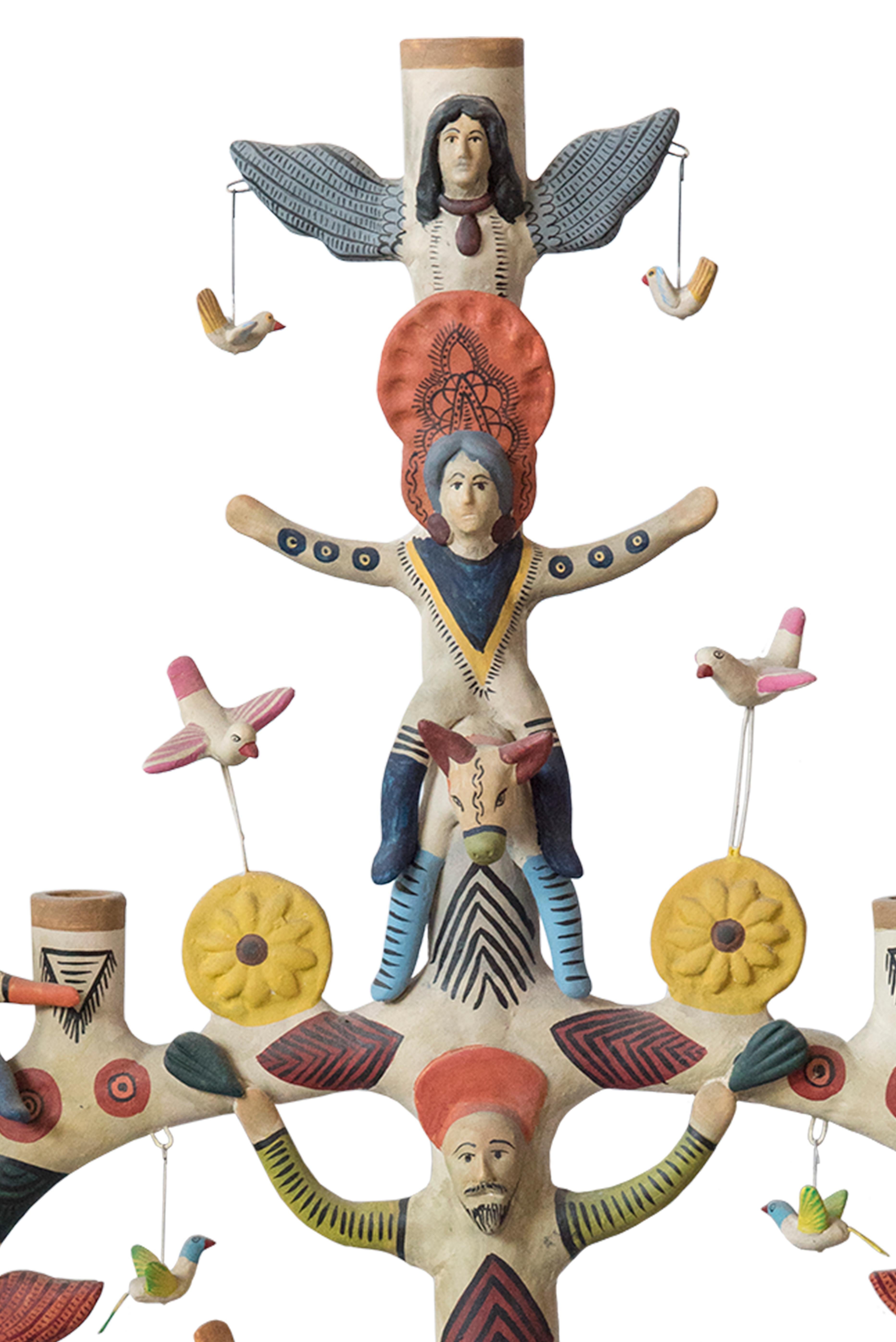 Hand-Painted Mexican Antique Style Arbol de la Vida Colorful Folk Art Candelabra Ceramic Clay