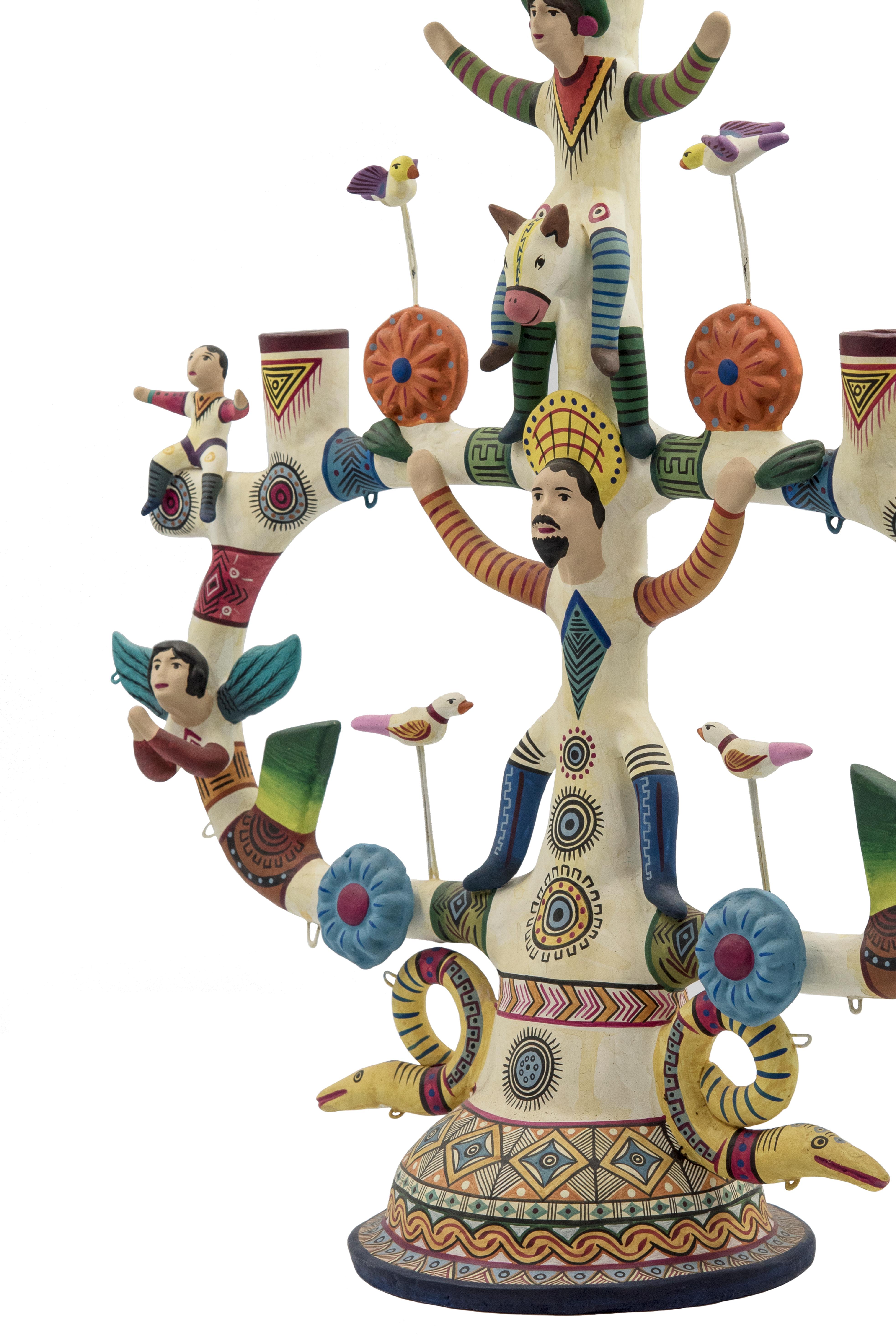 Mexican Antique Style Arbol de la Vida Colorful Folk Art Candelabra Ceramic Clay In Excellent Condition In Queretaro, Queretaro