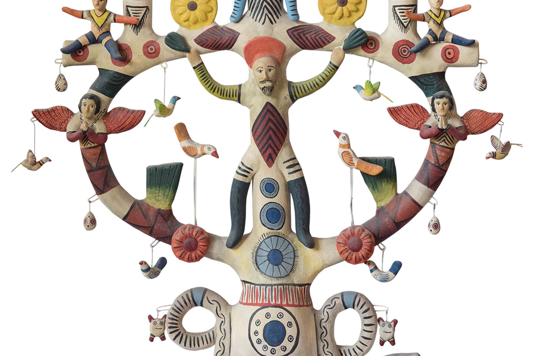 Hand-Painted Mexican Antique Style Arbol de la Vida Colorful Folk Art Candelabra Ceramic Clay