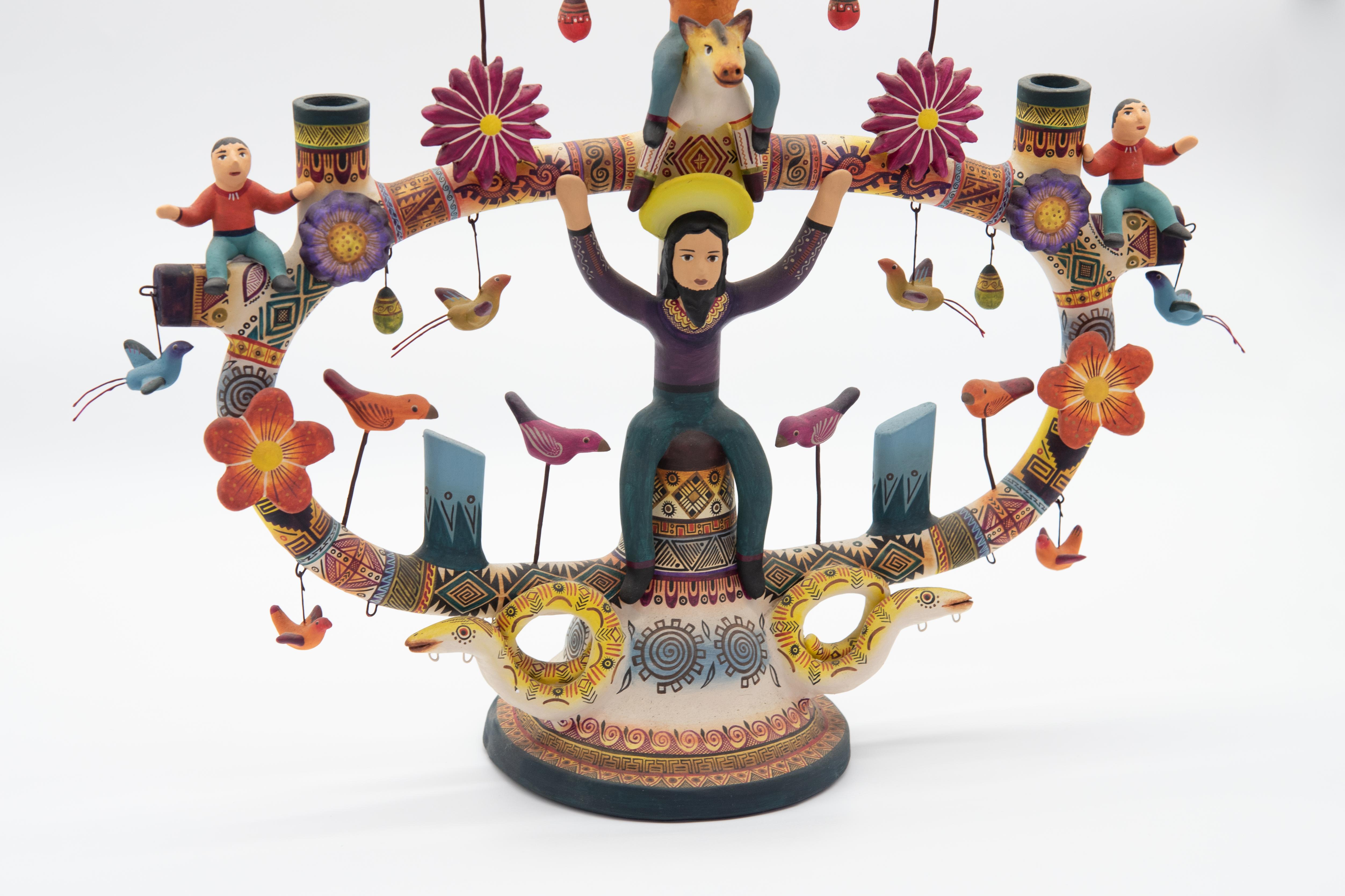 Hand-Painted Mexican Antique Style Arbol de la Vida Colorful Folk Art Candelabra Ceramic Clay