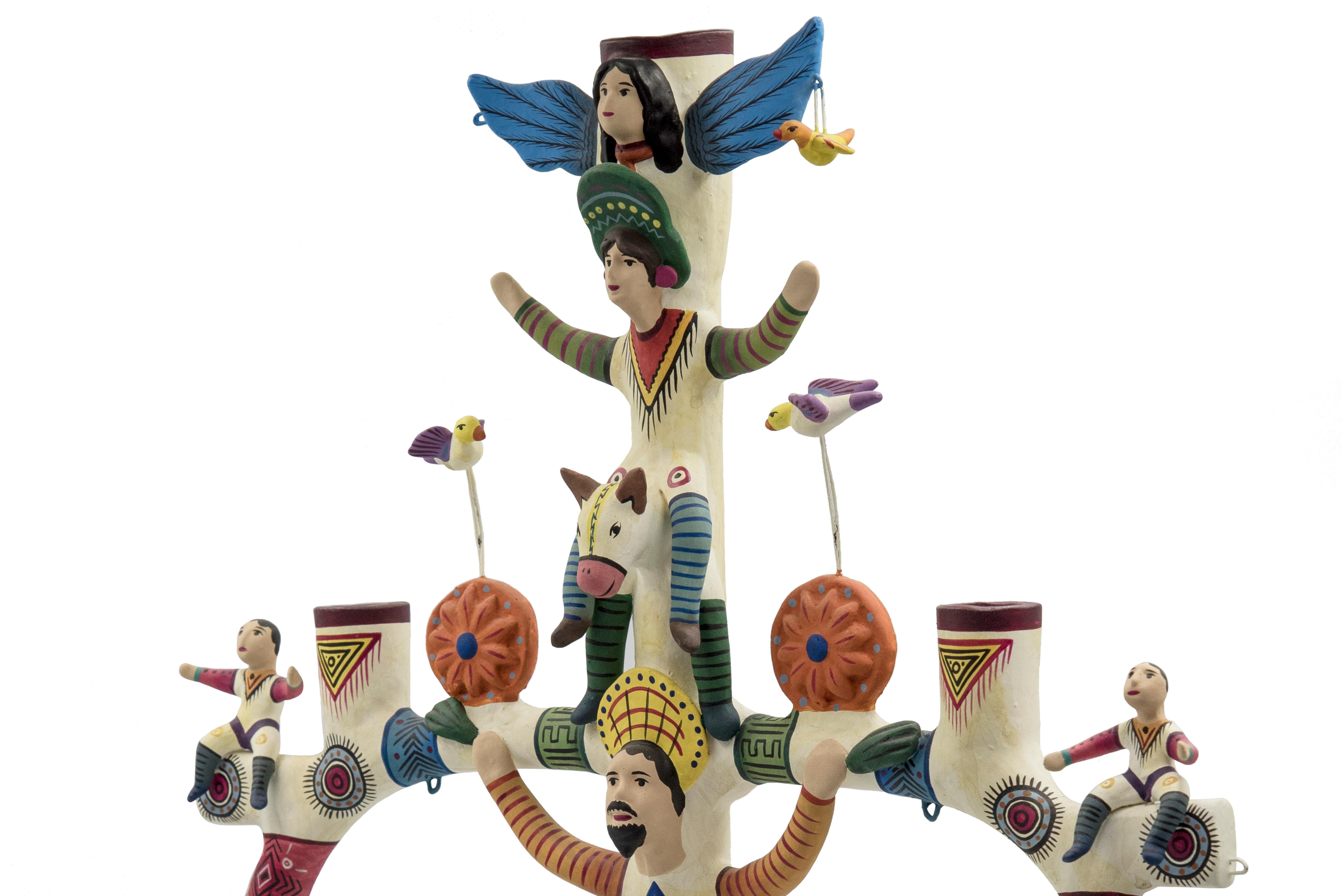 Contemporary Mexican Antique Style Arbol de la Vida Colorful Folk Art Candelabra Ceramic Clay