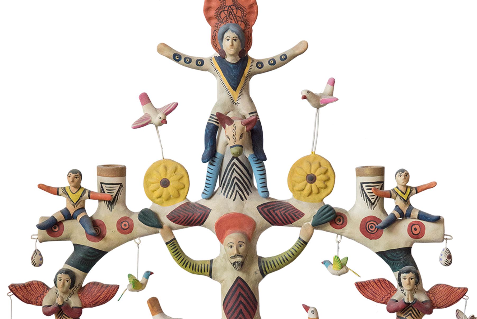 Contemporary Mexican Antique Style Arbol de la Vida Colorful Folk Art Candelabra Ceramic Clay