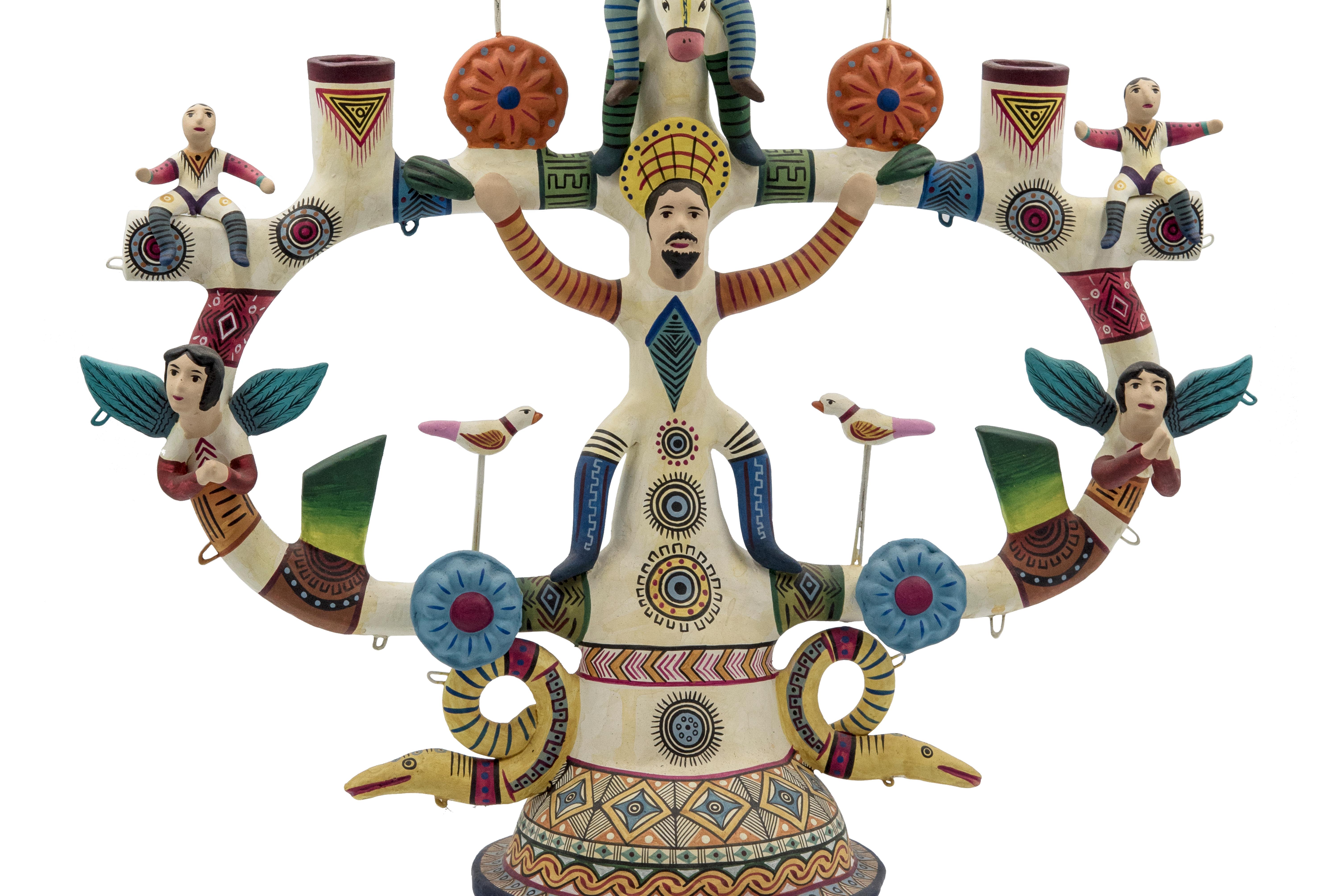 Mexican Antique Style Arbol de la Vida Colorful Folk Art Candelabra Ceramic Clay 1