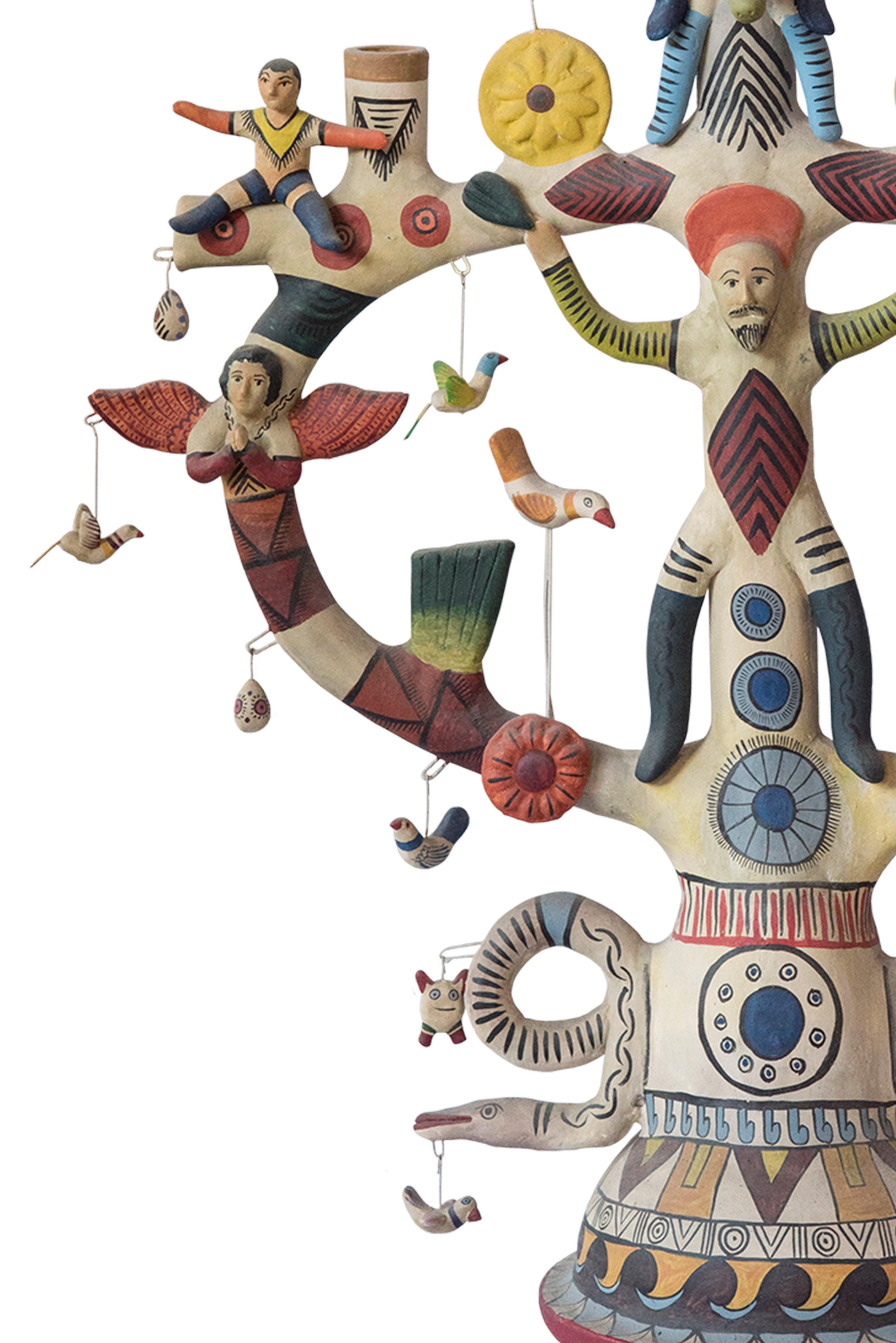 Contemporary Mexican Antique Style Arbol de la Vida Colorful Folk Art Candelabra Ceramic Clay