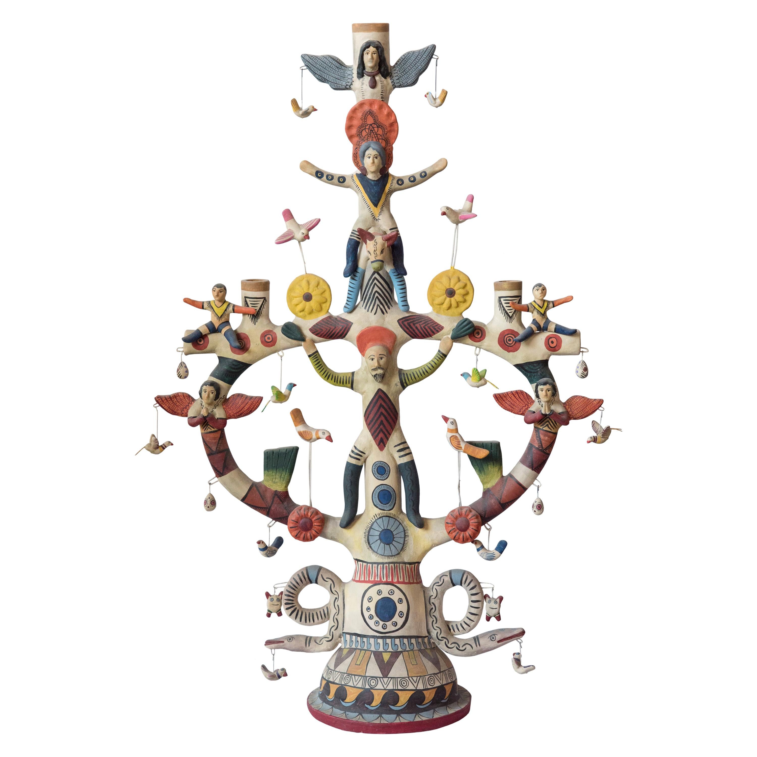 Mexican Antique Style Arbol de la Vida Colorful Folk Art Candelabra Ceramic Clay