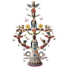 Mexican Antique Style Arbol de la Vida Colorful Folk Art Candelabra Ceramic Clay