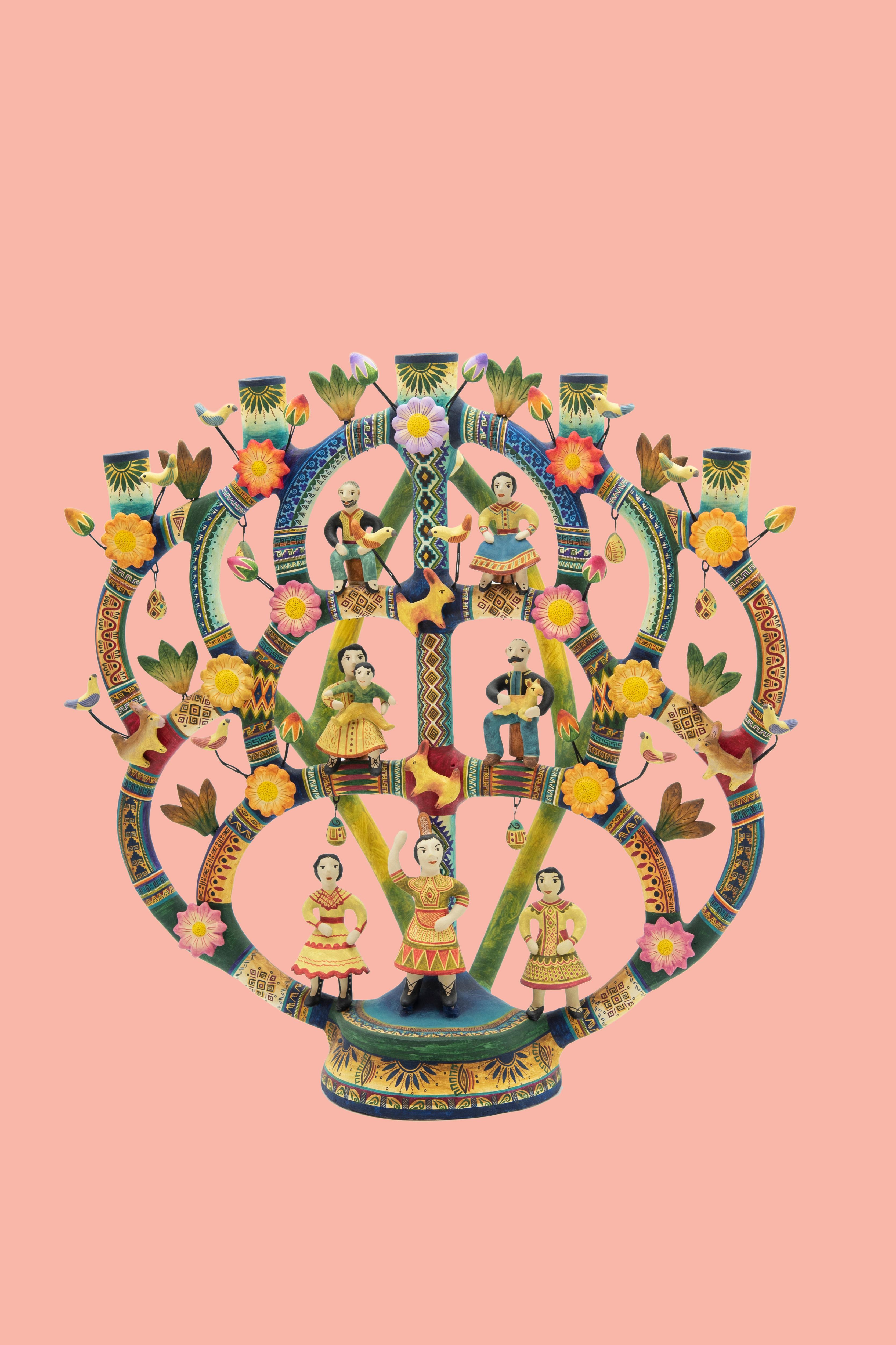 Contemporary Mexican Arbol de la Vida Bull Tree of Life Dolls Colorful Folk Art Ceramic Clay