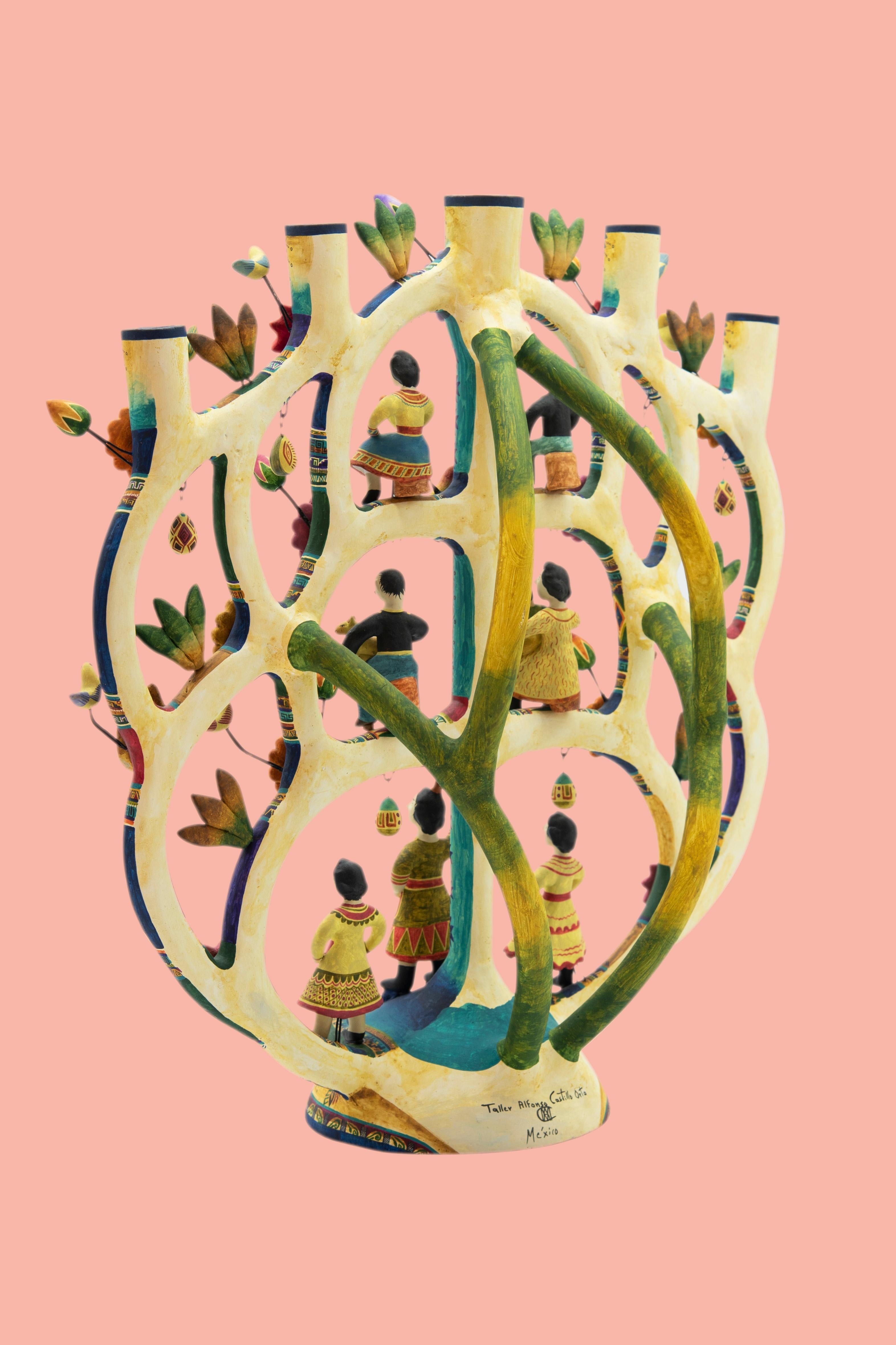 Mexican Arbol de la Vida Bull Tree of Life Dolls Colorful Folk Art Ceramic Clay 1