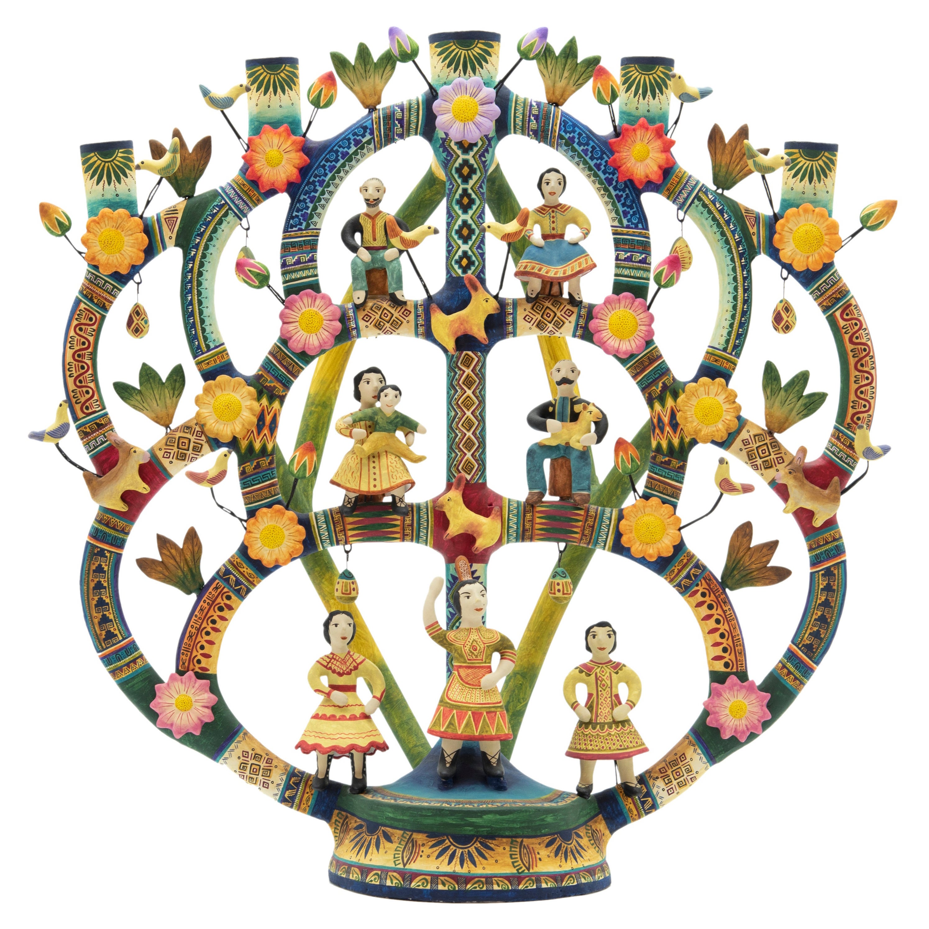 Mexican Arbol de la Vida Bull Tree of Life Dolls Colorful Folk Art Ceramic Clay