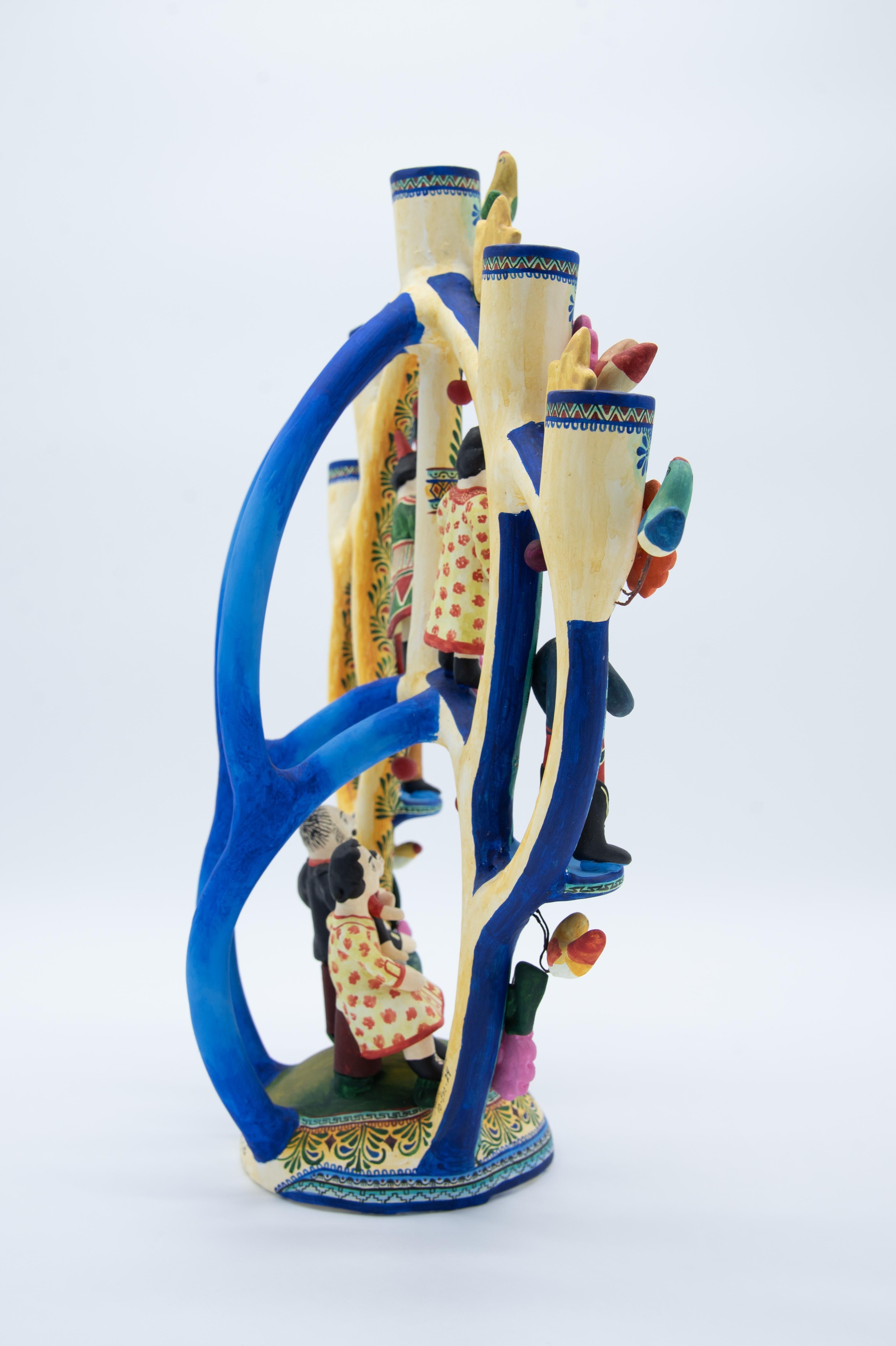 Mexican Arbol de la Vida Tree Life Dolls ColorFolk Art Ceramic Clay Candelabra For Sale 1