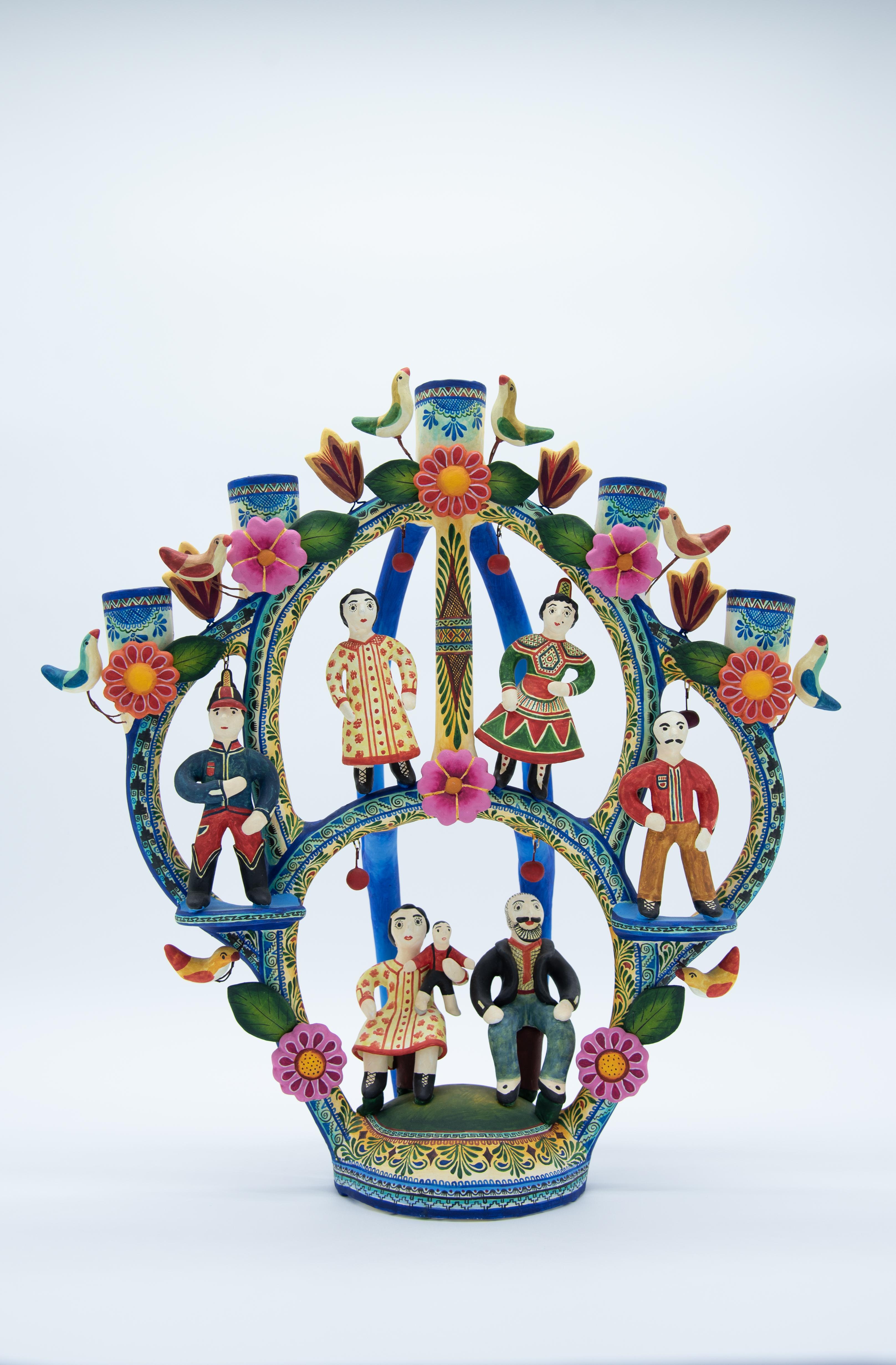 Mexican Arbol de la Vida Tree Life Dolls ColorFolk Art Ceramic Clay Candelabra For Sale 3