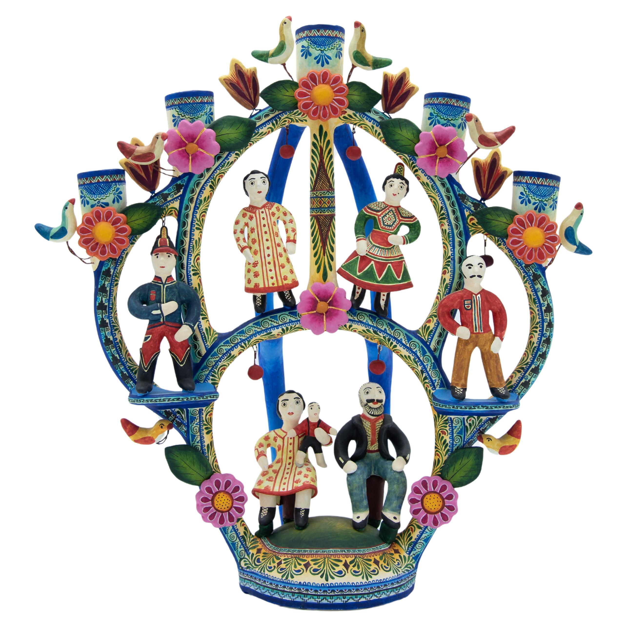 Mexican Arbol de la Vida Tree Life Dolls ColorFolk Art Ceramic Clay Candelabra For Sale