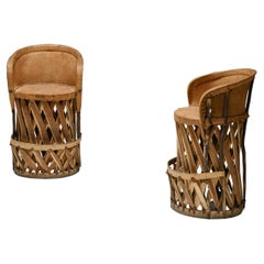 Mexican Art Populaire Bar Stools, Leather & Wood, 1970s