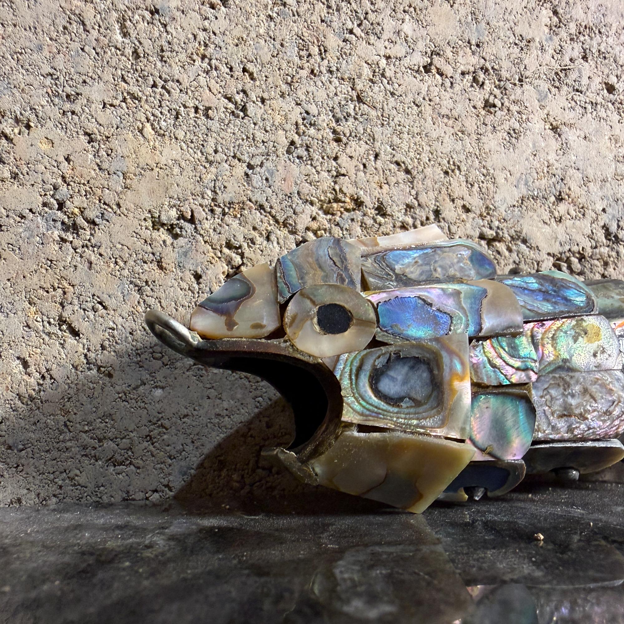 Mid-Century Modern Mexican Articulated Fish Bottle Opener Abalone Shell Los Castillo Style For Sale