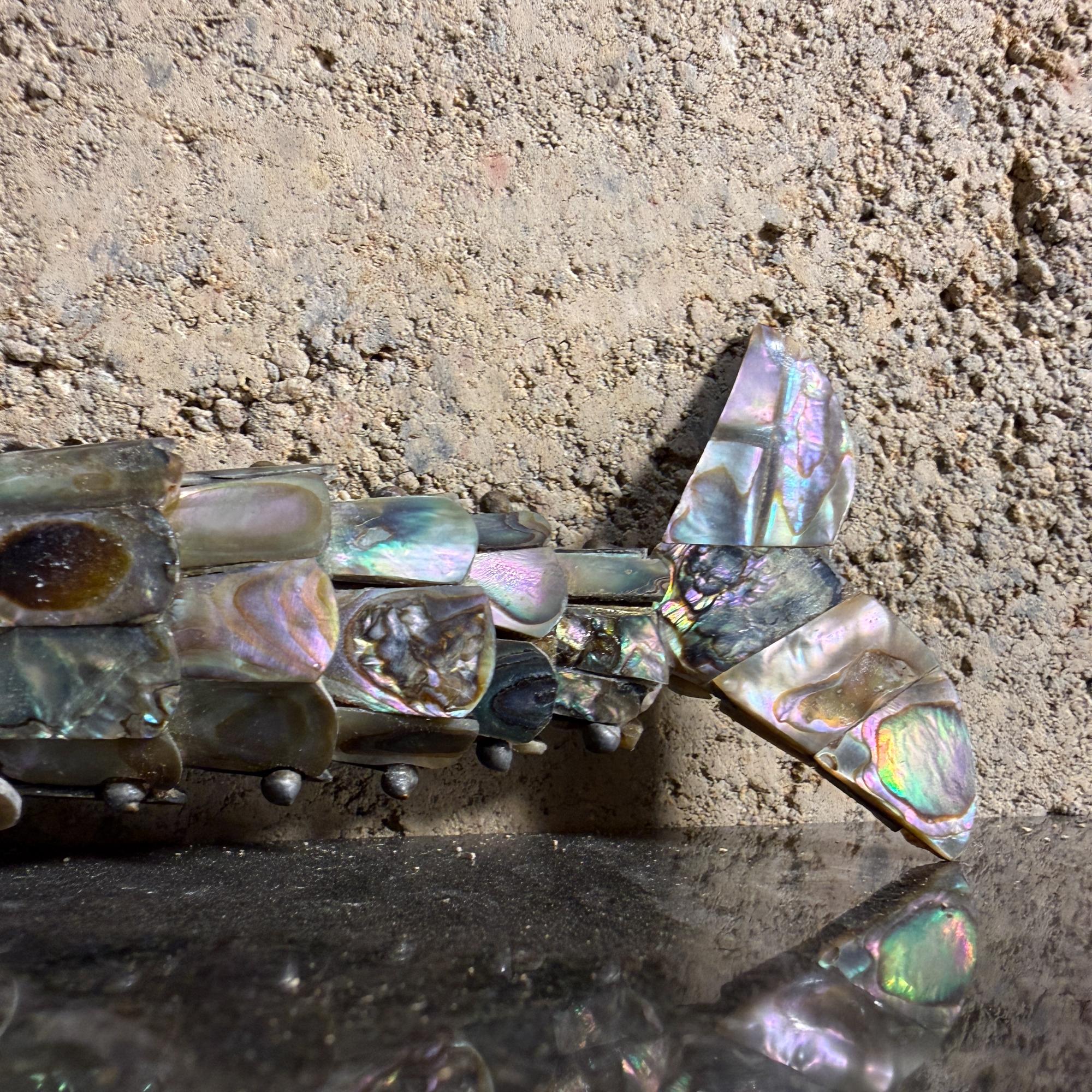 Mexican Articulated Fish Bottle Opener Abalone Shell Los Castillo Style In Fair Condition For Sale In Chula Vista, CA