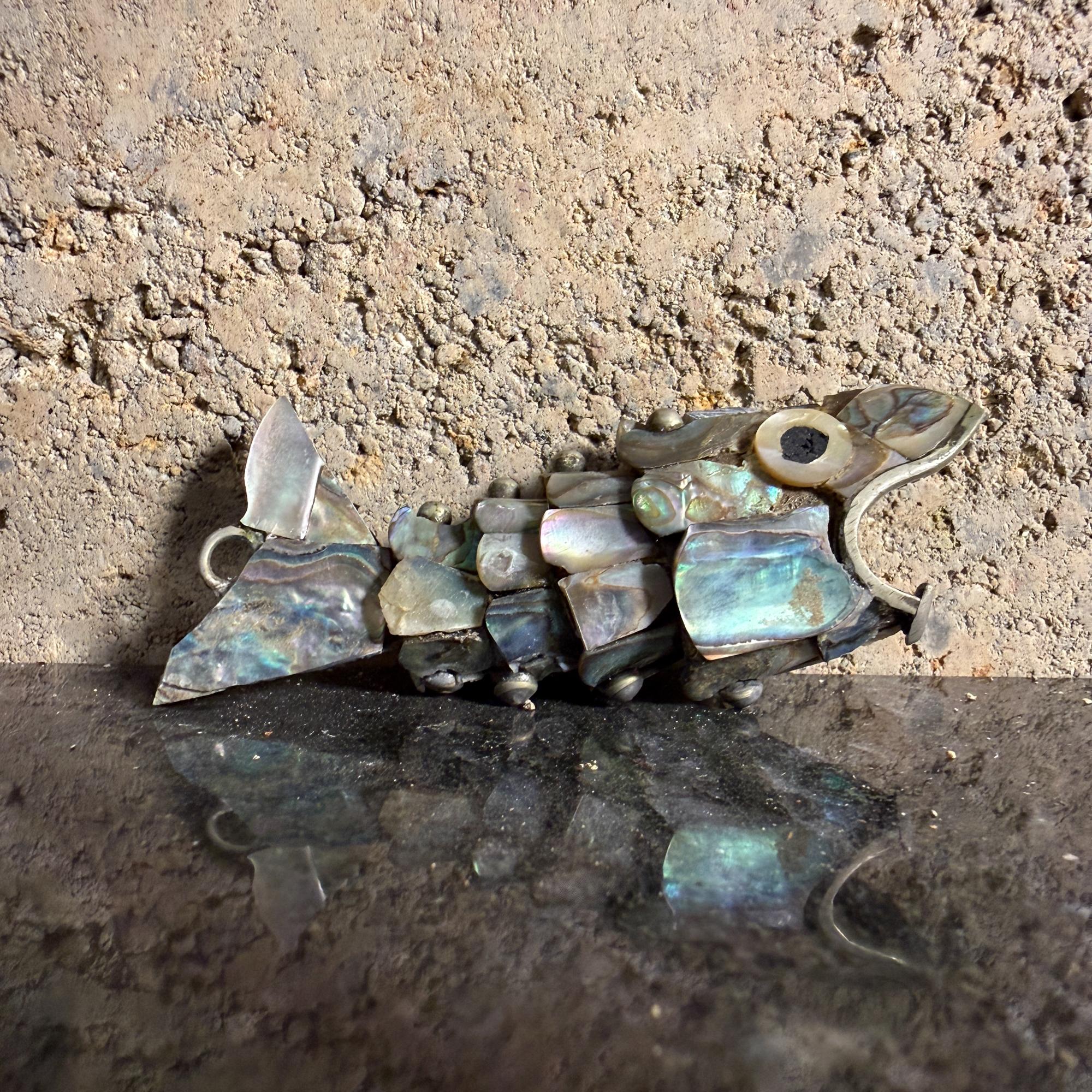 Mid-Century Modern Mexican Articulated Fish Bottle Opener Abalone Shell Los Castillo Style Small For Sale