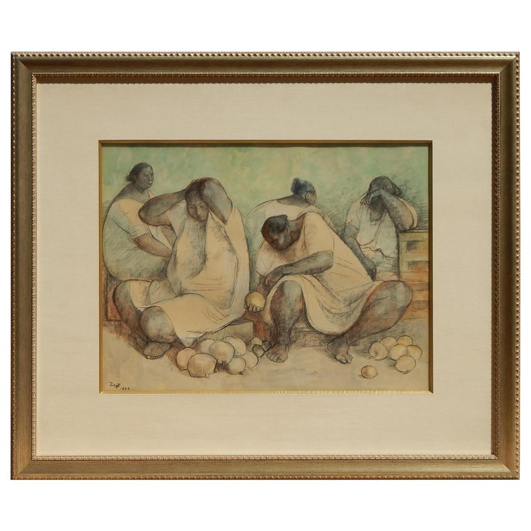 Mexican Artist Francisco Zuniga Watercolor, 1966 the Fruit Vendors For Sale at 1stdibs