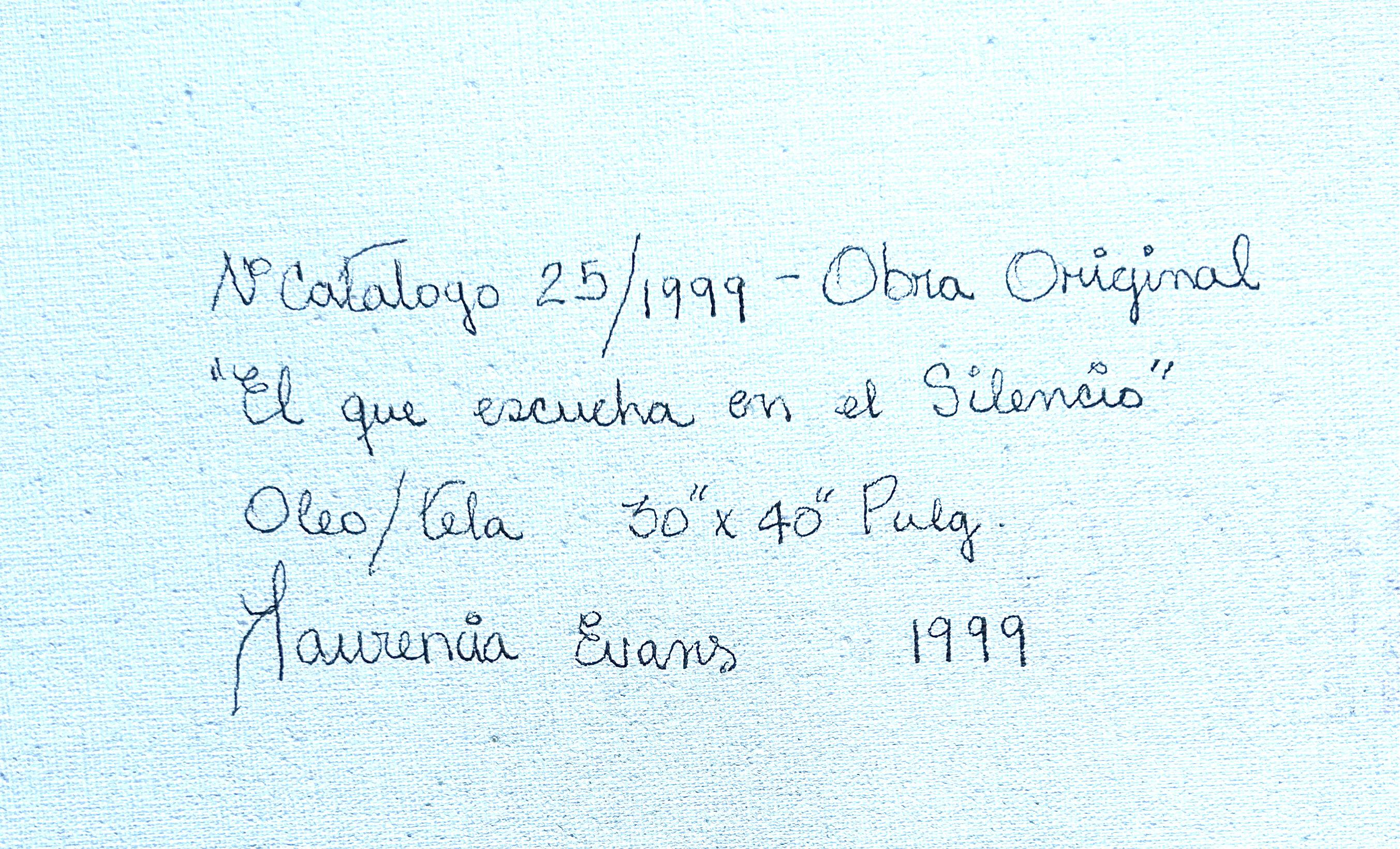 Dipinto a mano Pittura a olio su tela dell'artista messicana Laurencia Evans, firmata, titolata e datata in vendita