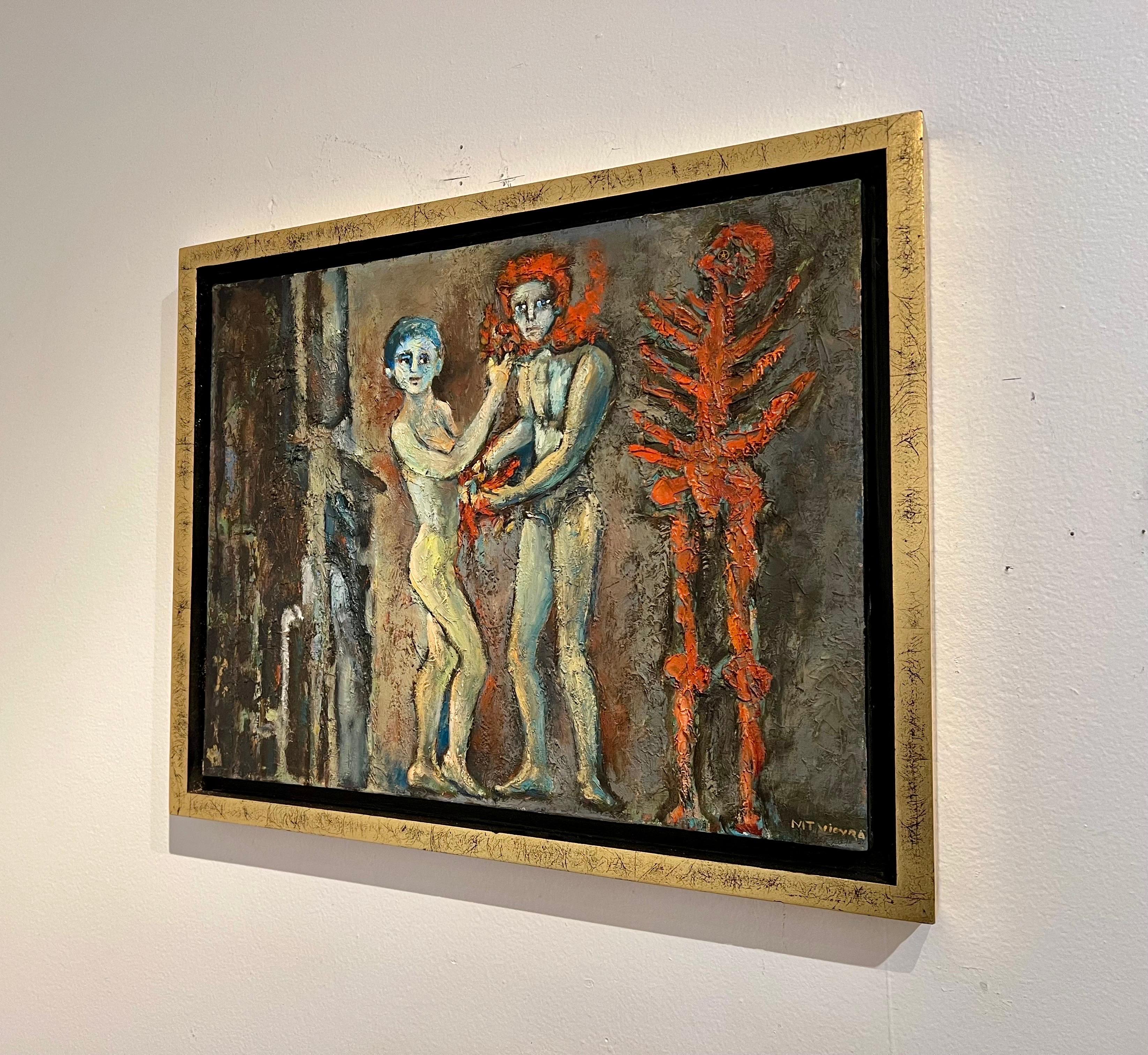 Beautiful and rare original gold leaf framed painting by Maria Teresa Vieyra, Mexican listed artist she was a friend of Frida Kahlo & Diego Rivera, signed and dated, depicting Adam & Eve.