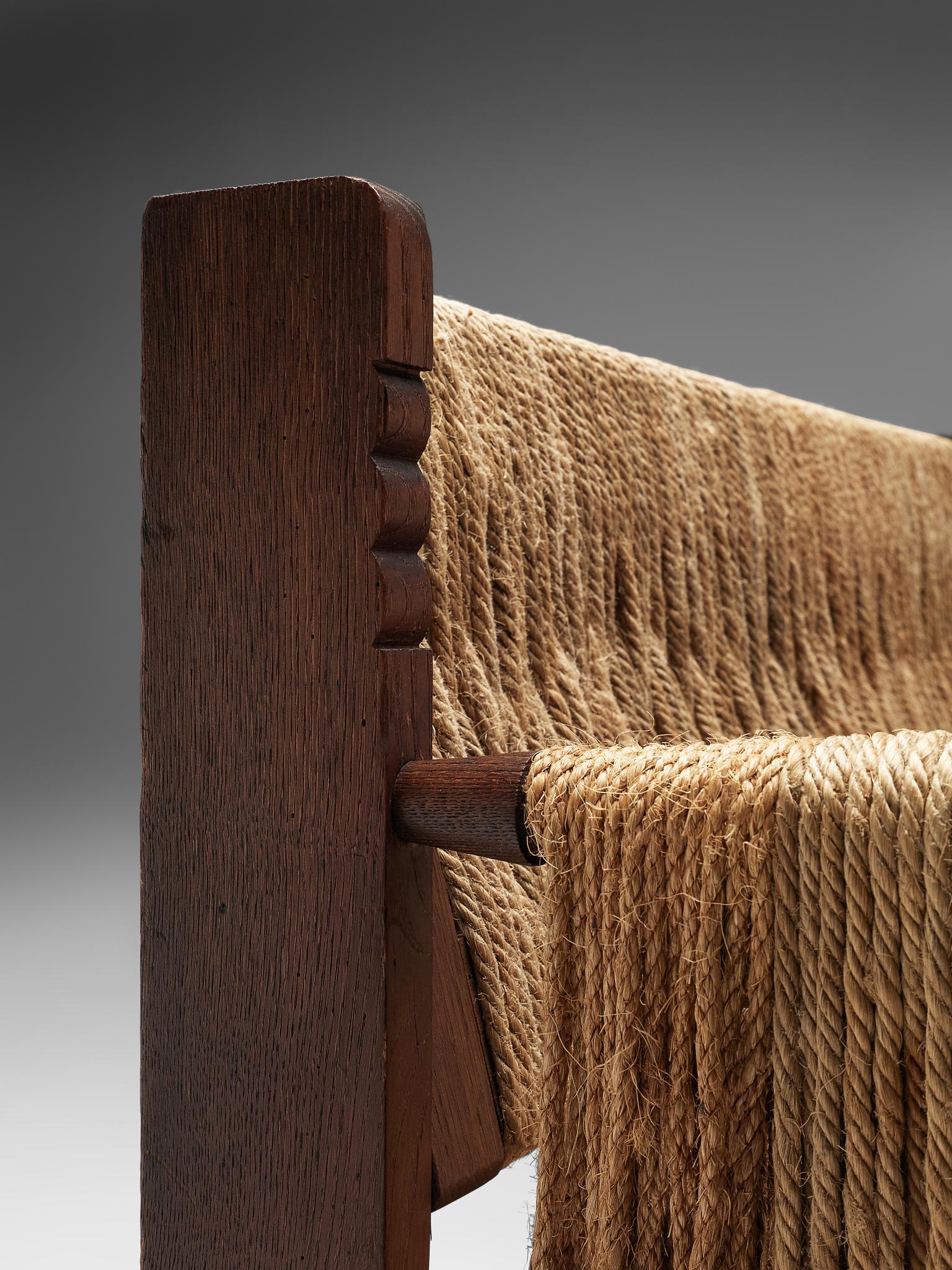 Mexican Bench in Oak and Rope, 1950s 4